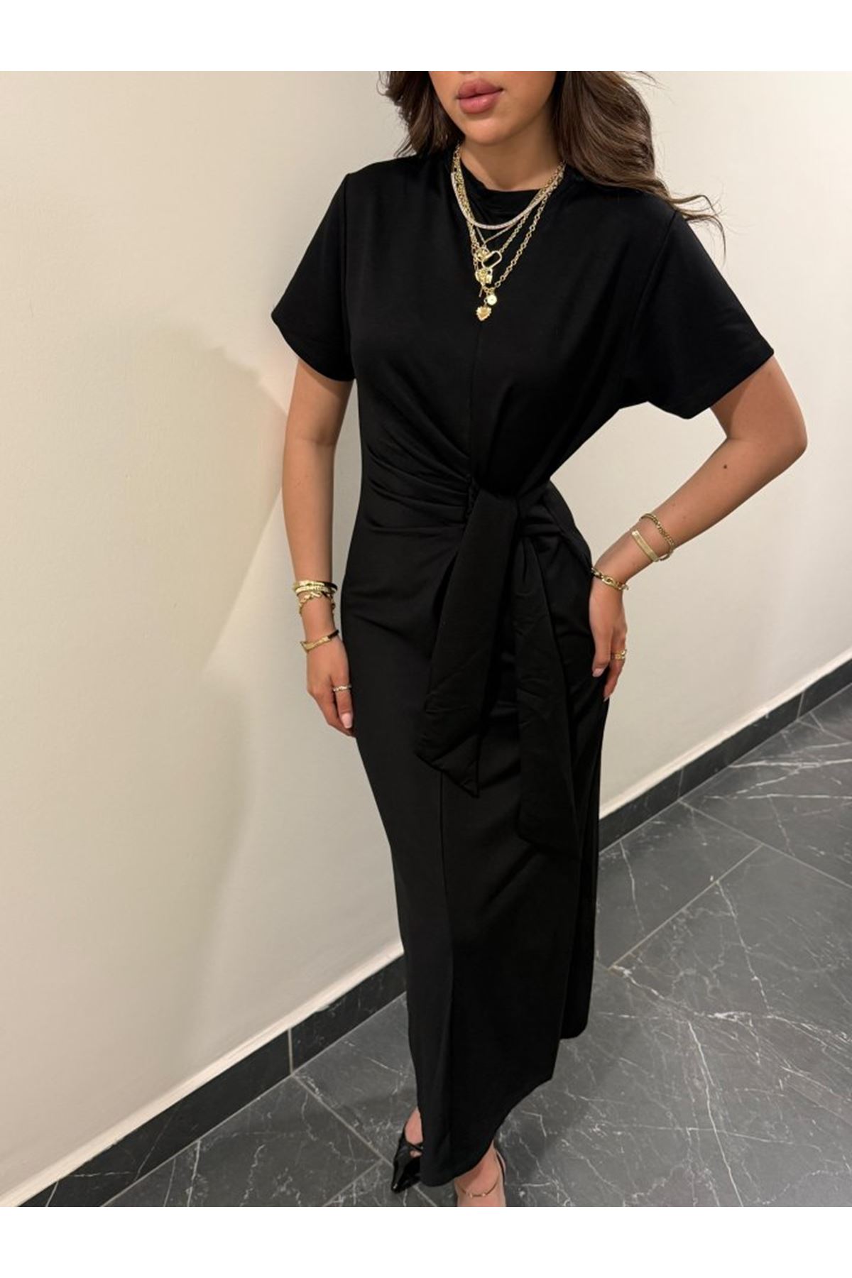 Kadın Kısa Kollu Bisiklet Yaka Yandan Bağlamalı Viskon Iki Iplik Elbise