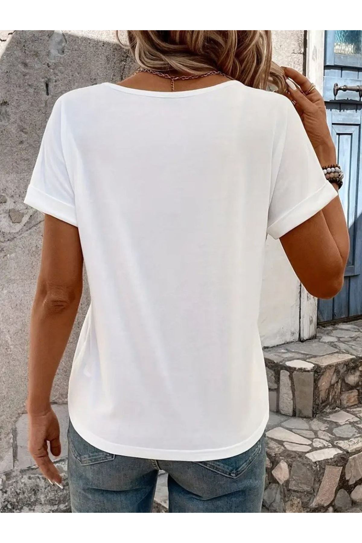 Kadın Kısa Kollu V Yakalı şerit Detaylı Viskon Bluz