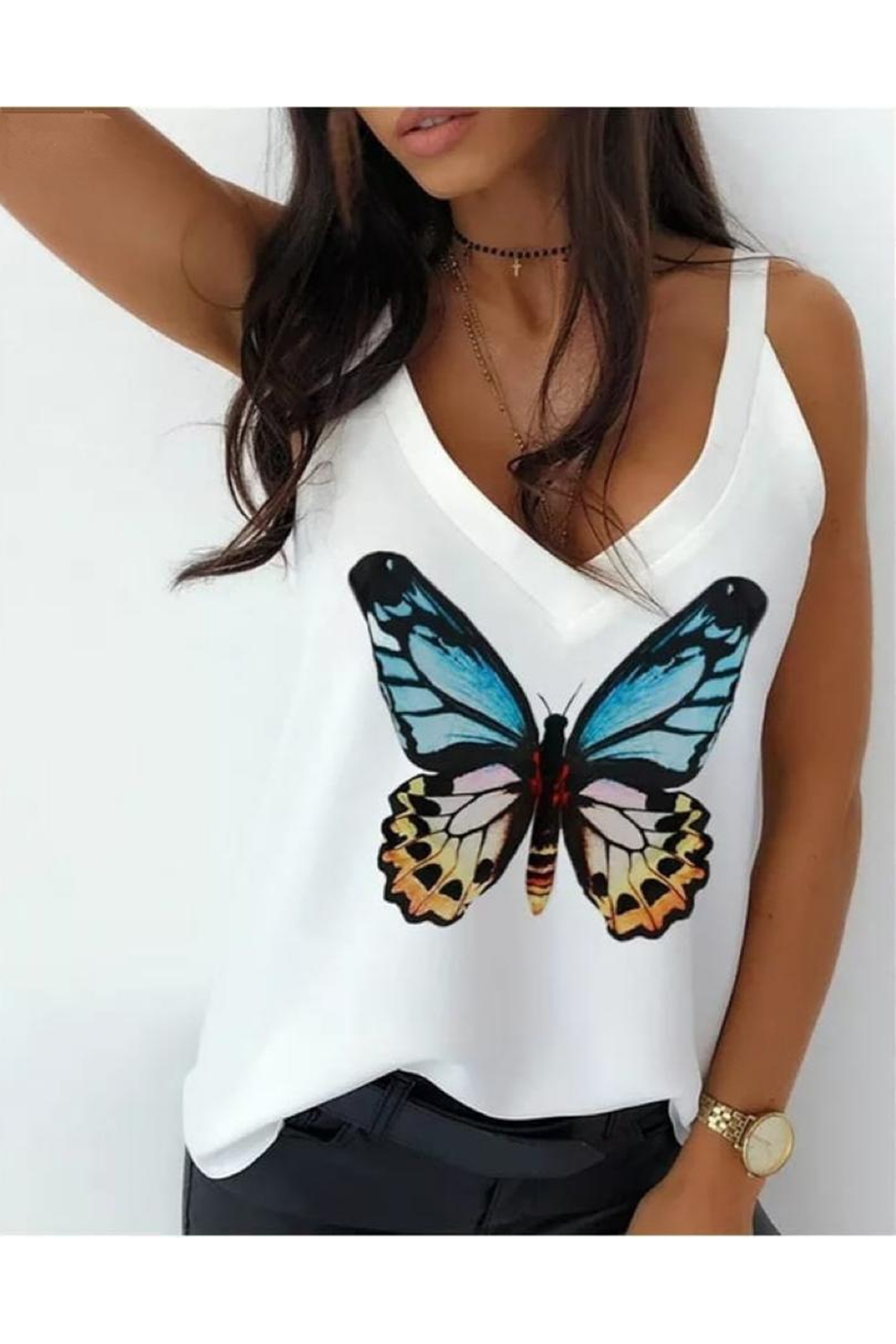 Kadın Kelebek Baskılı Sandy Kumaş Askılı Bluz