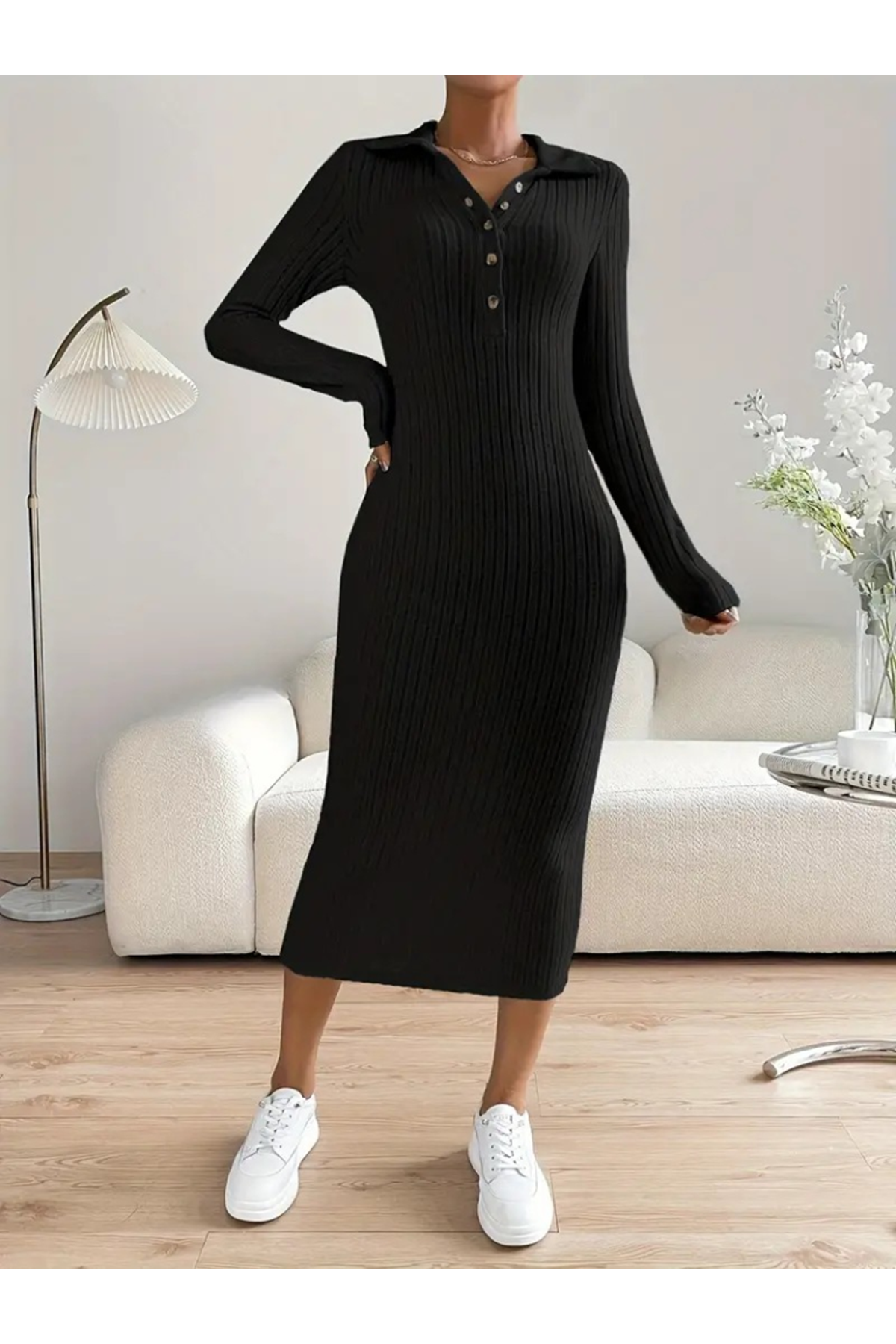 Kadın Uzun Kollu Yakalı Düğmeli şardonlu Kaşkorse Elbise