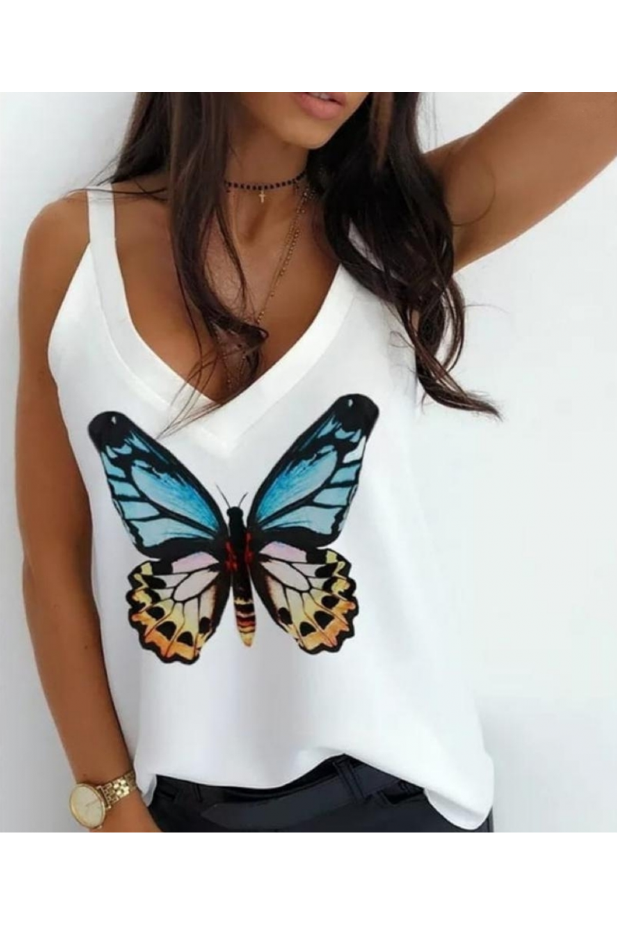 Kadın Kelebek Baskılı Sandy Kumaş Askılı Bluz