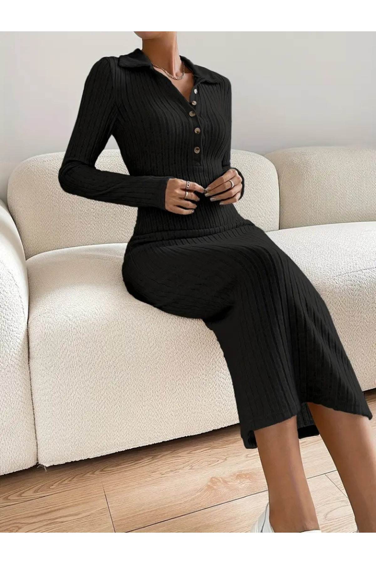 Kadın Uzun Kollu Yakalı Düğmeli şardonlu Kaşkorse Elbise