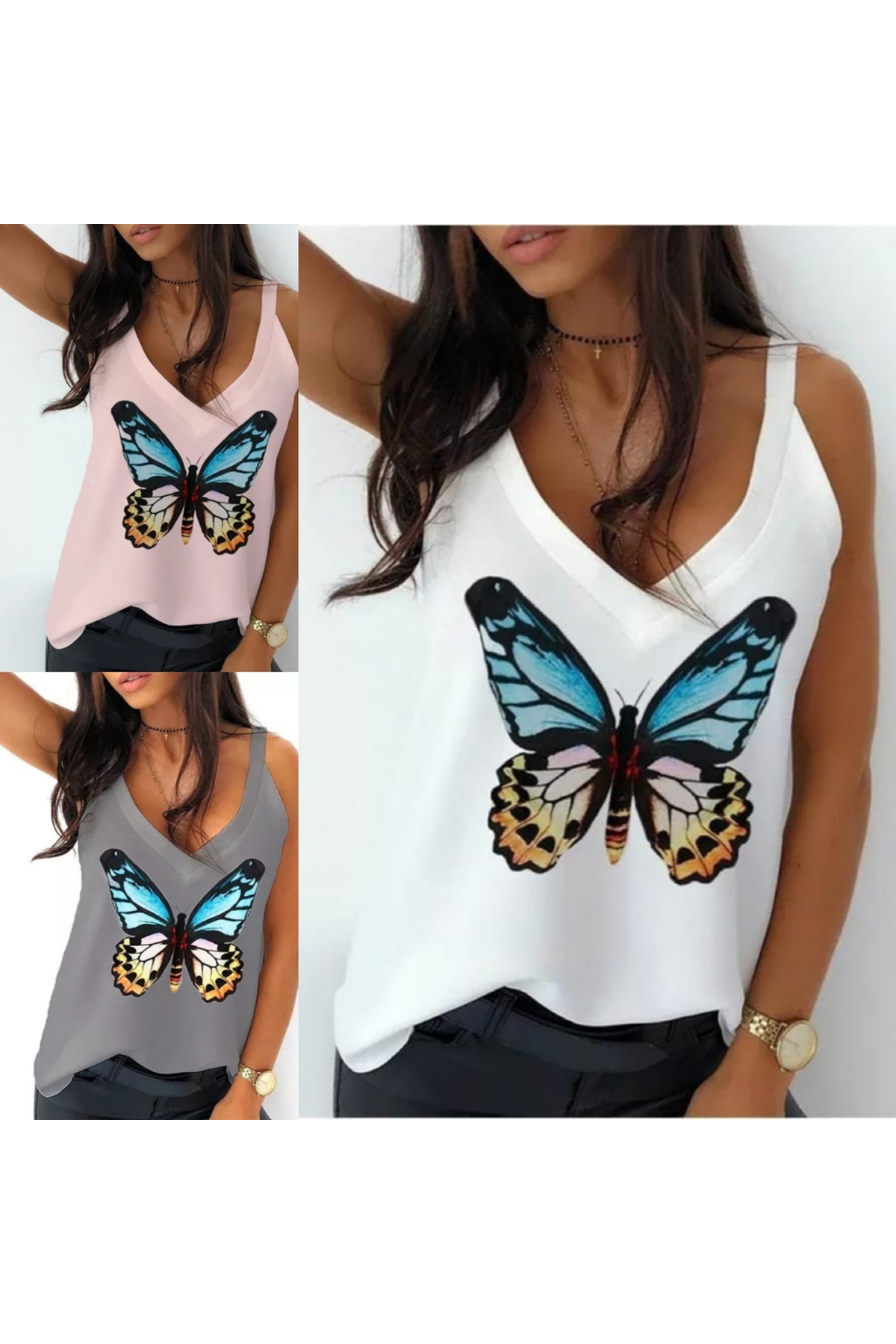Kadın Kelebek Baskılı Sandy Kumaş Askılı Bluz