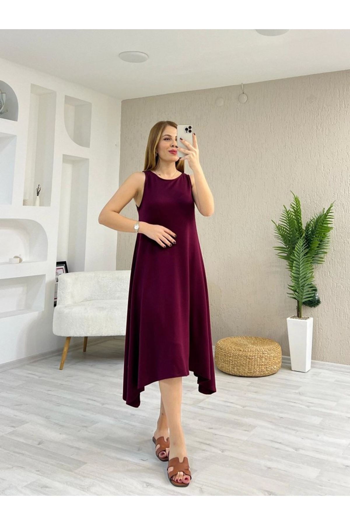 Kadın Askılı Yuvarlak Yakalı Asimetrik Kesim Detaylı Viskon Elbise