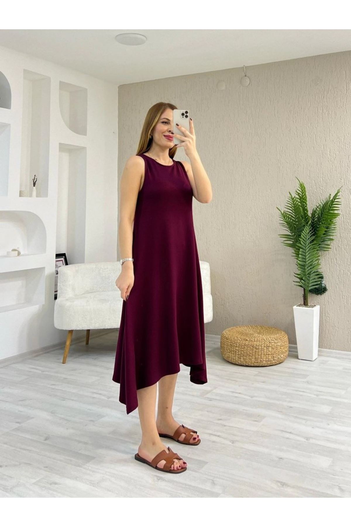 Kadın Askılı Yuvarlak Yakalı Asimetrik Kesim Detaylı Viskon Elbise