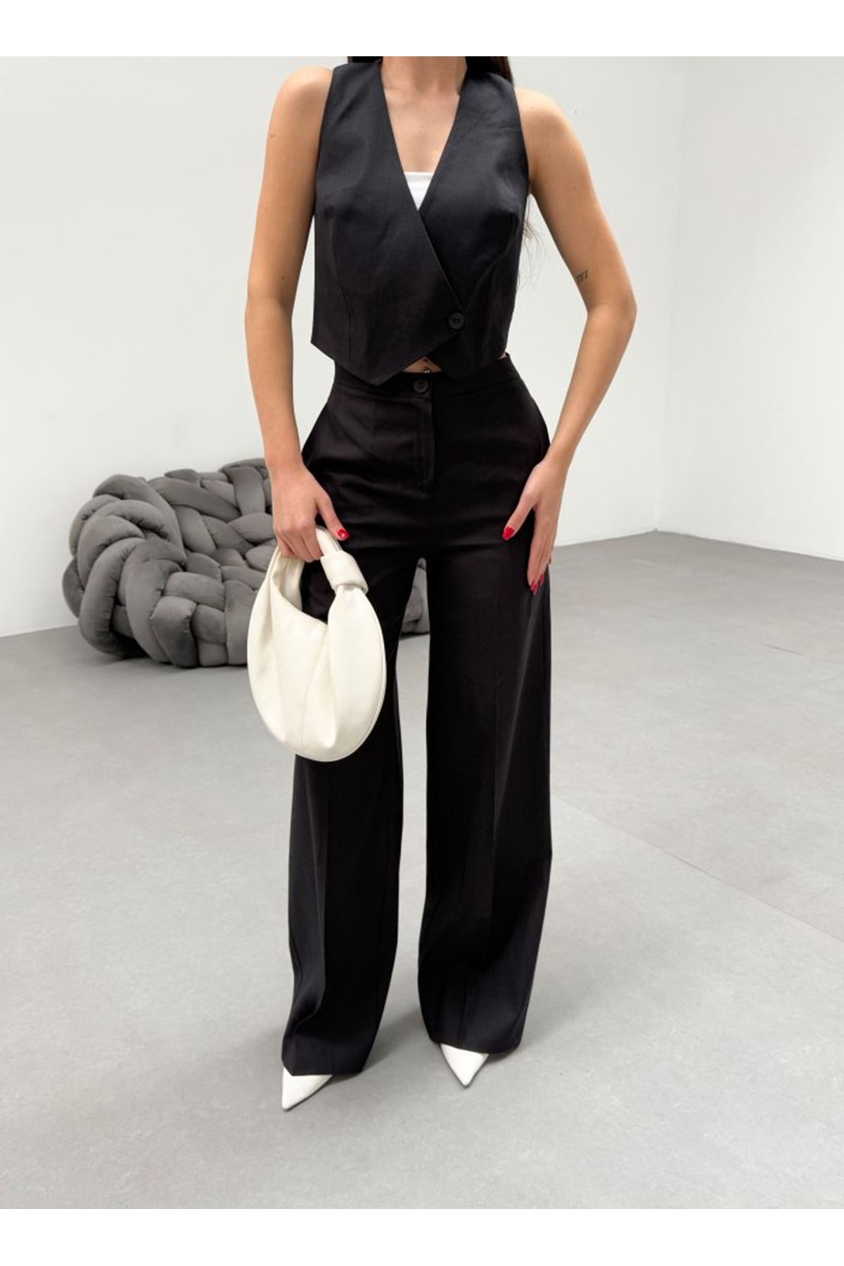 Toskana Keten Kruvaze Yaka Tek Düğmeli̇ Yelek Pantolon Takim