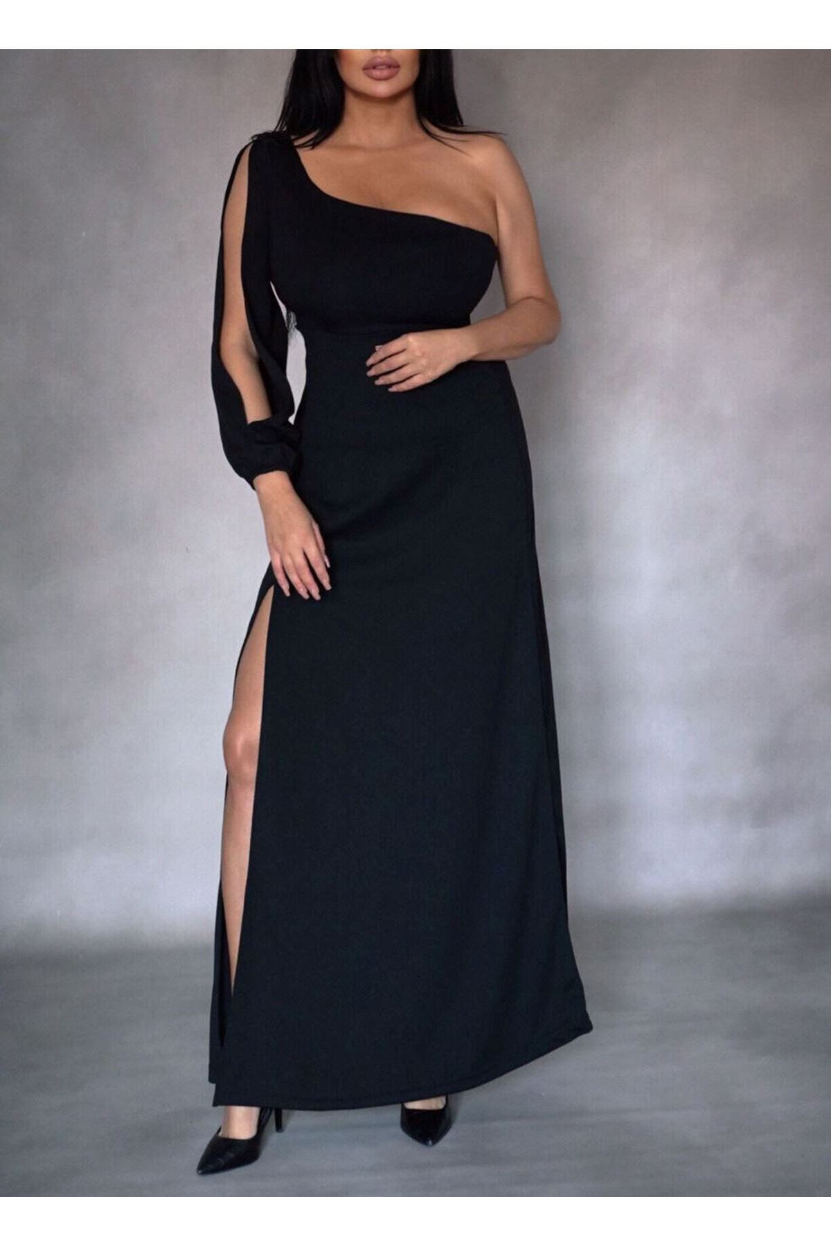 Tek Omuz Açık Derin Yırtmaçlı Krep Tam Boy Elbise