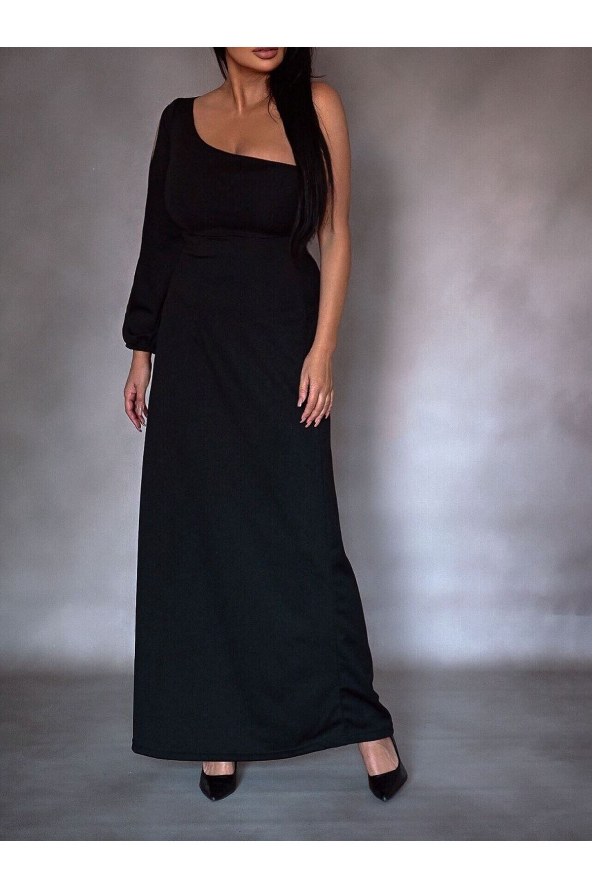 Tek Omuz Açık Derin Yırtmaçlı Krep Tam Boy Elbise