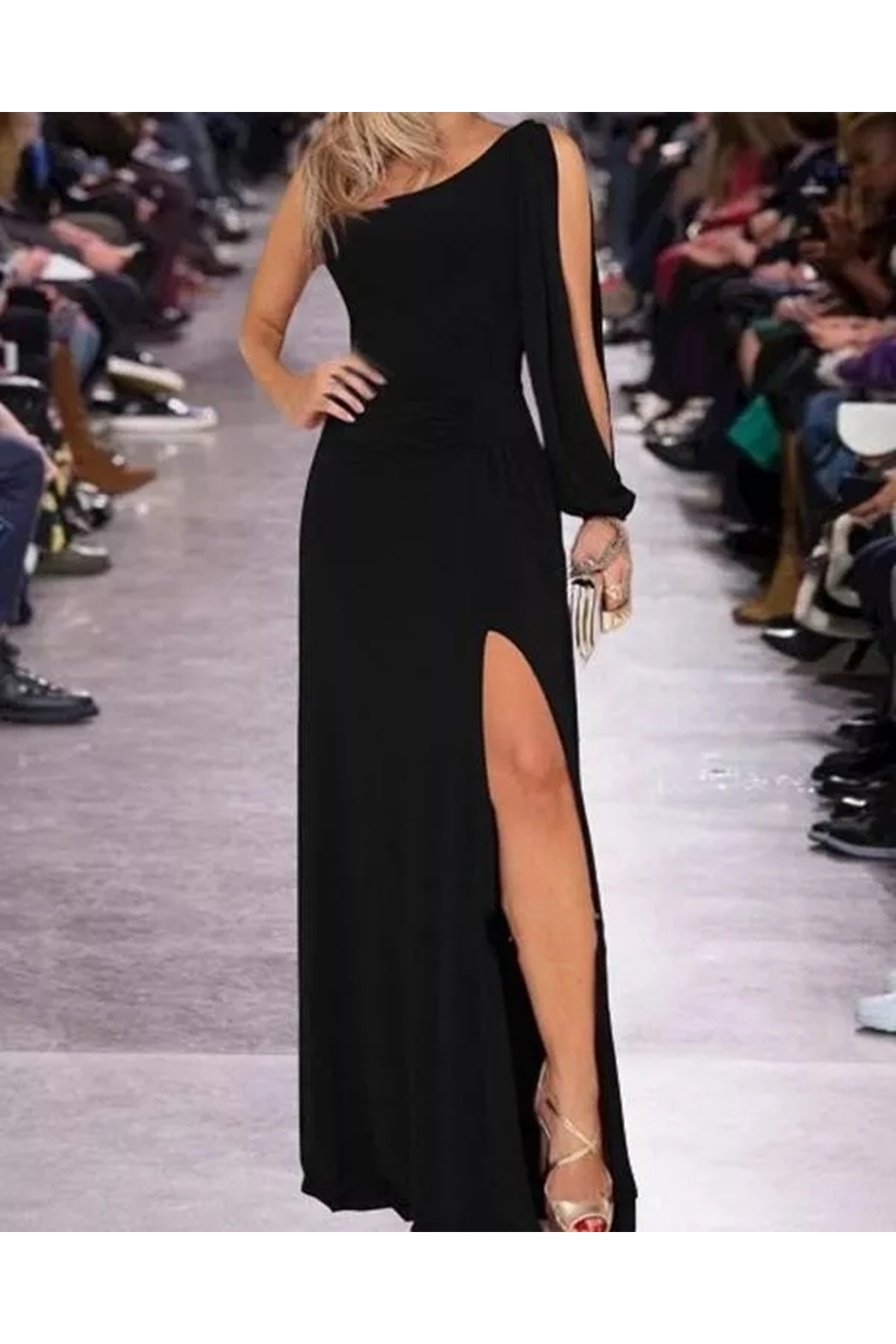 Tek Omuz Açık Derin Yırtmaçlı Krep Tam Boy Elbise