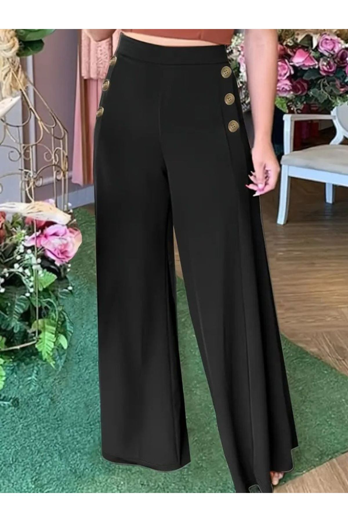 Kadın Yüksek Bel Yan Düğme Detaylı Geniş Paçalı Ithal Krep Pantolon