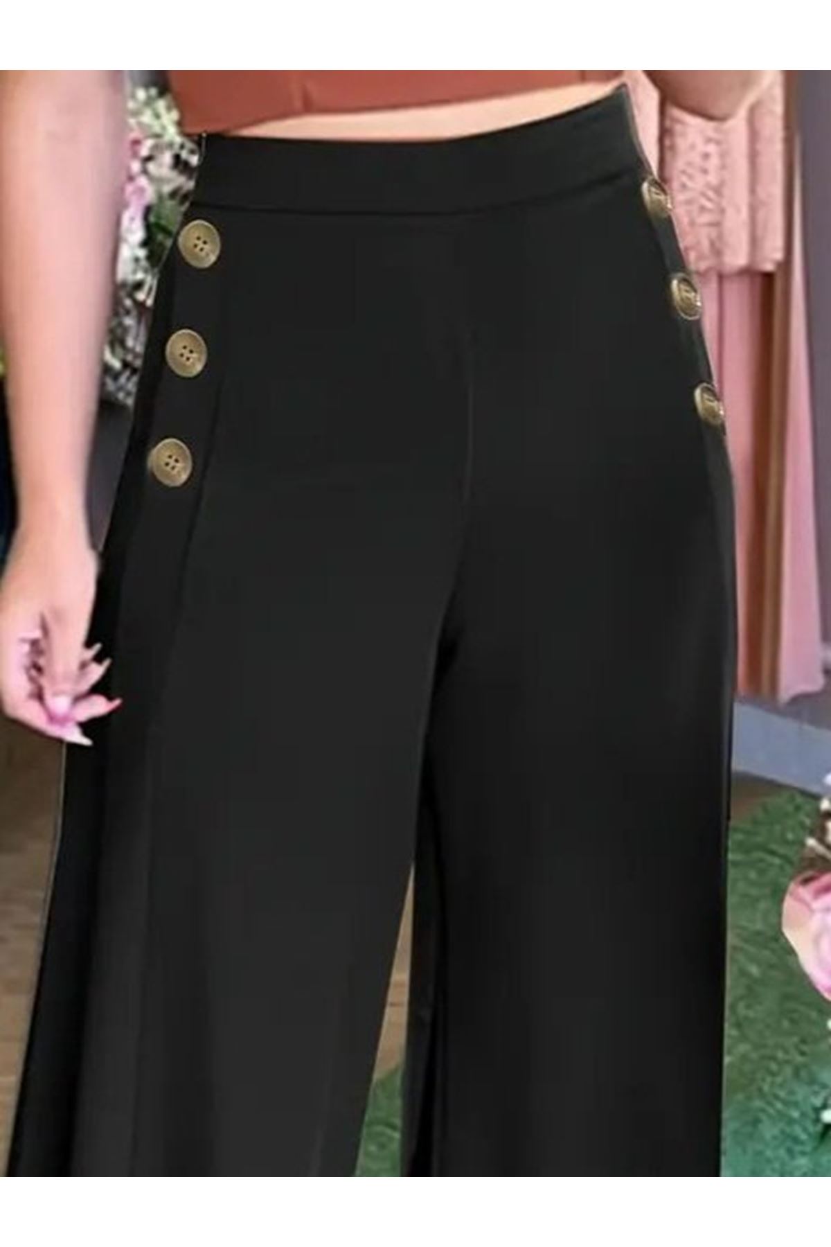 Kadın Yüksek Bel Yan Düğme Detaylı Geniş Paçalı Ithal Krep Pantolon