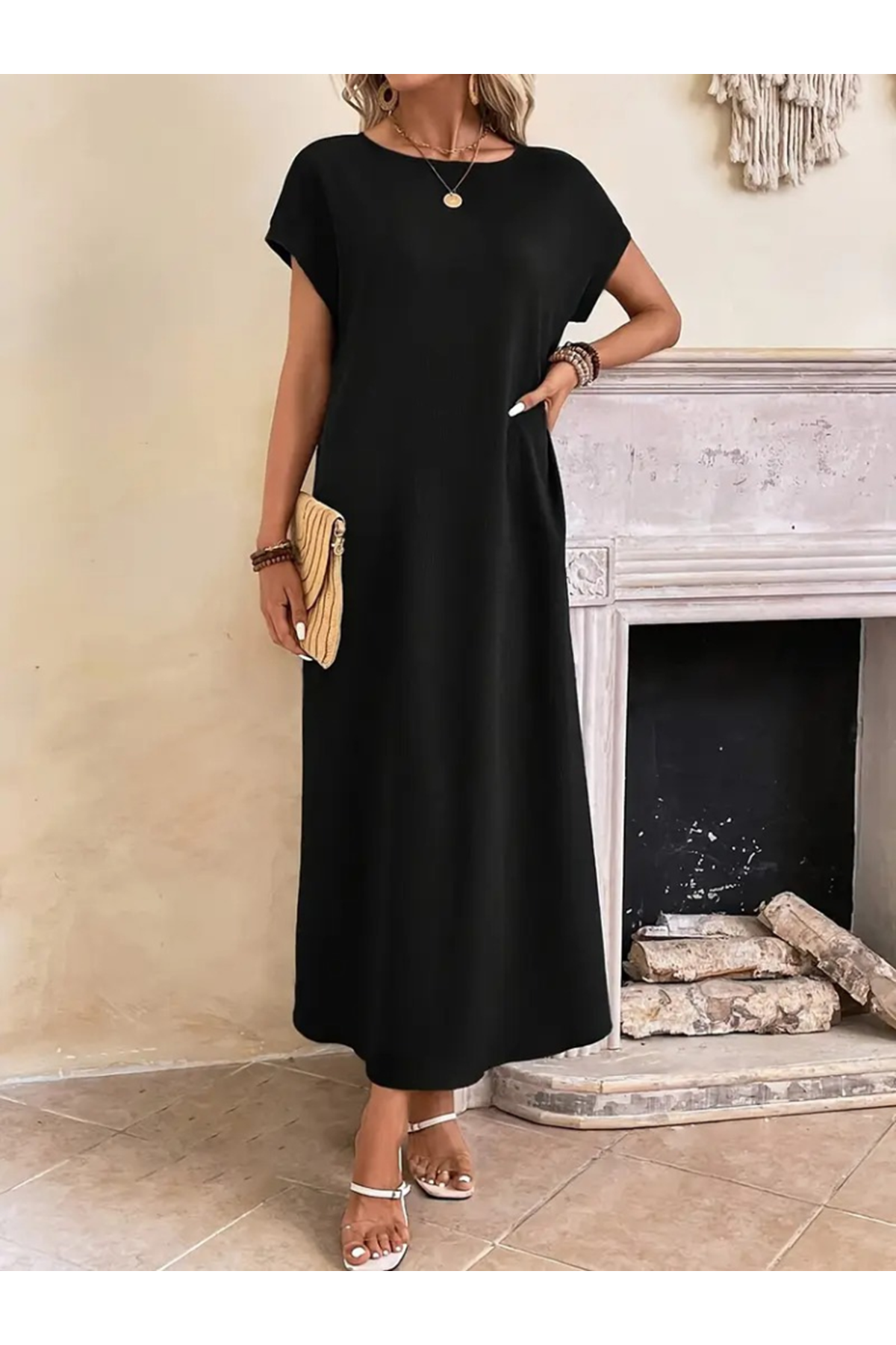 Kadın Uzun Kollu Yakası Açık Viskon Elbise