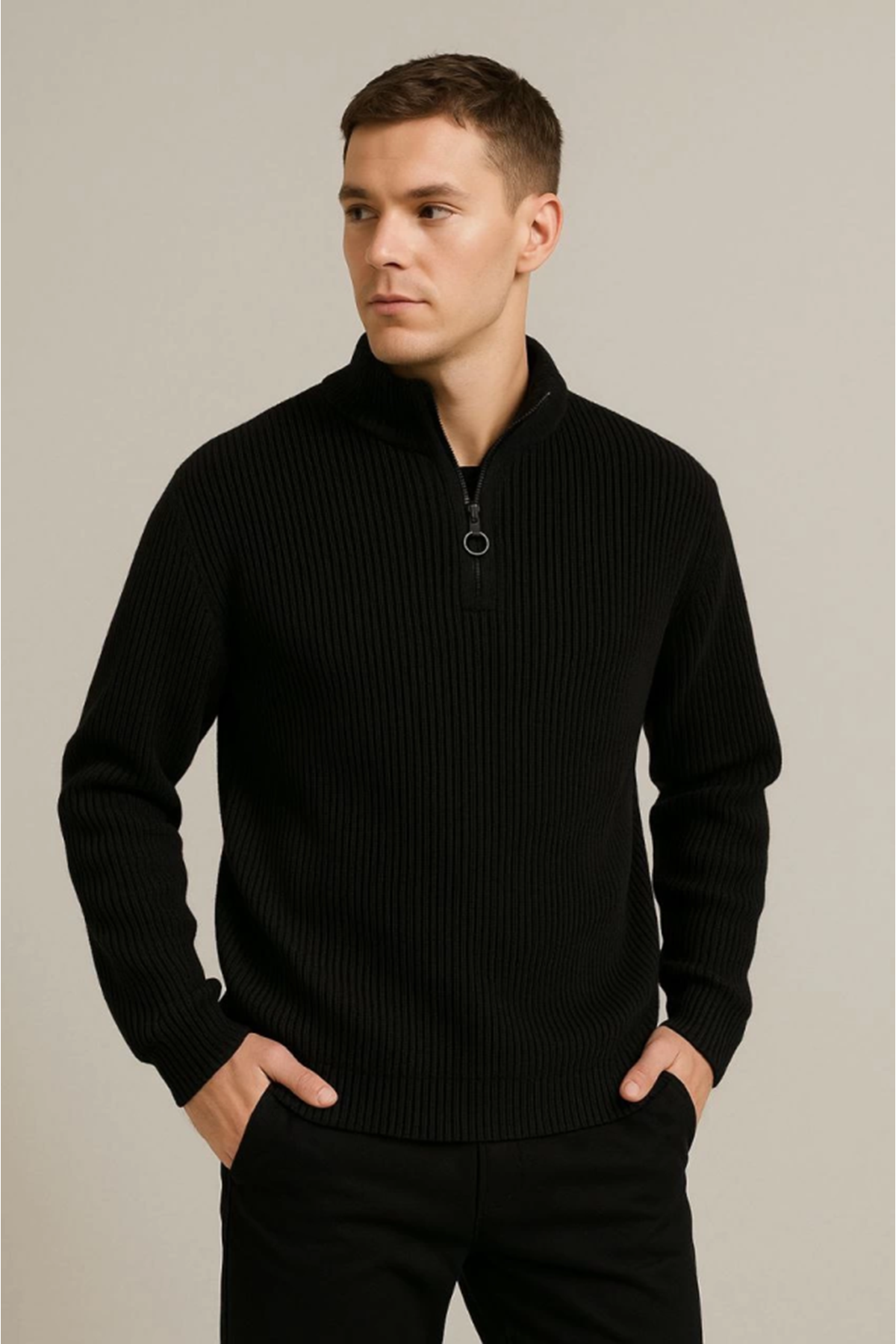 Erkek Yarım Fermuarlı Triko Kazak – Selanik Örgü, Dik Yaka, Pamuklu Dokuma, Regular Fit Uzun Kollu Kışlık Model - Siyah