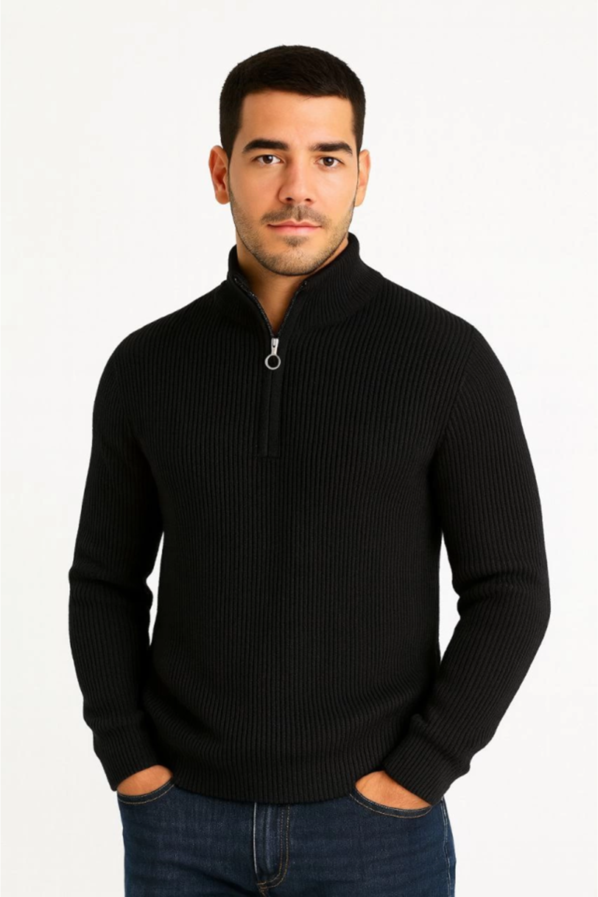 Erkek Yarım Fermuarlı Triko Kazak – Selanik Örgü, Dik Yaka, Pamuklu Dokuma, Regular Fit Uzun Kollu Kışlık Model - Siyah