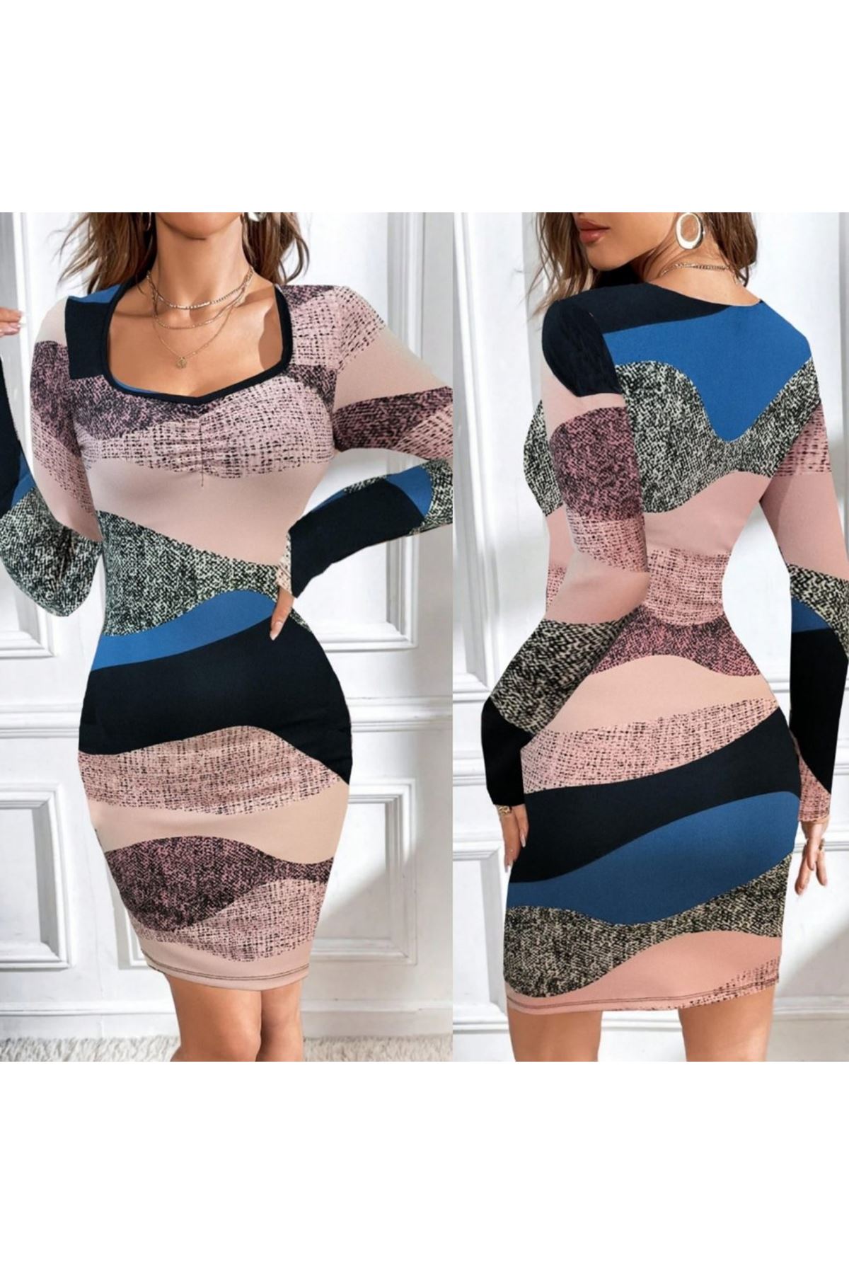 Kadın Uzun Kollu Göğüs Dekolte Detay Dalgıç Mini Elbise