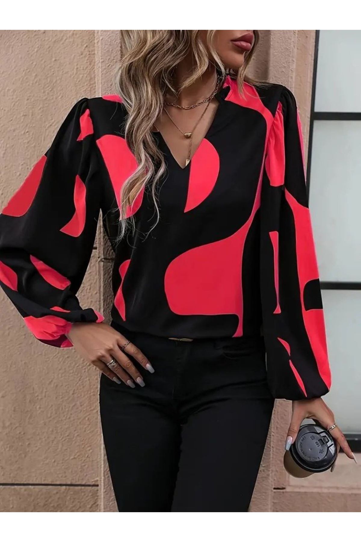 Kadın Uzun Kollu V Yakalı Desenli Modal Bluz