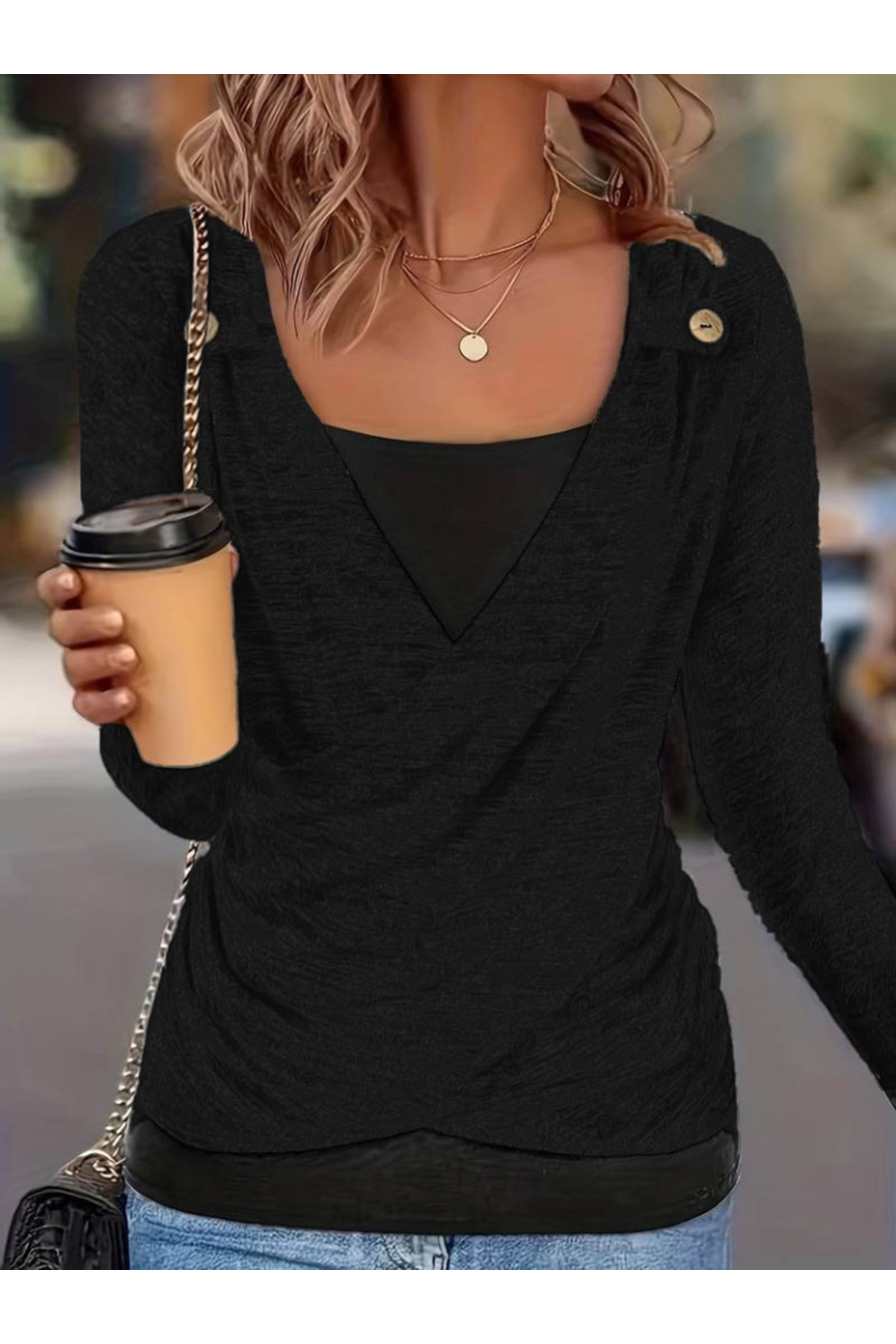Kadın Uzun Kollu V Yaka Düğme Detaylı Yumoş Bluz