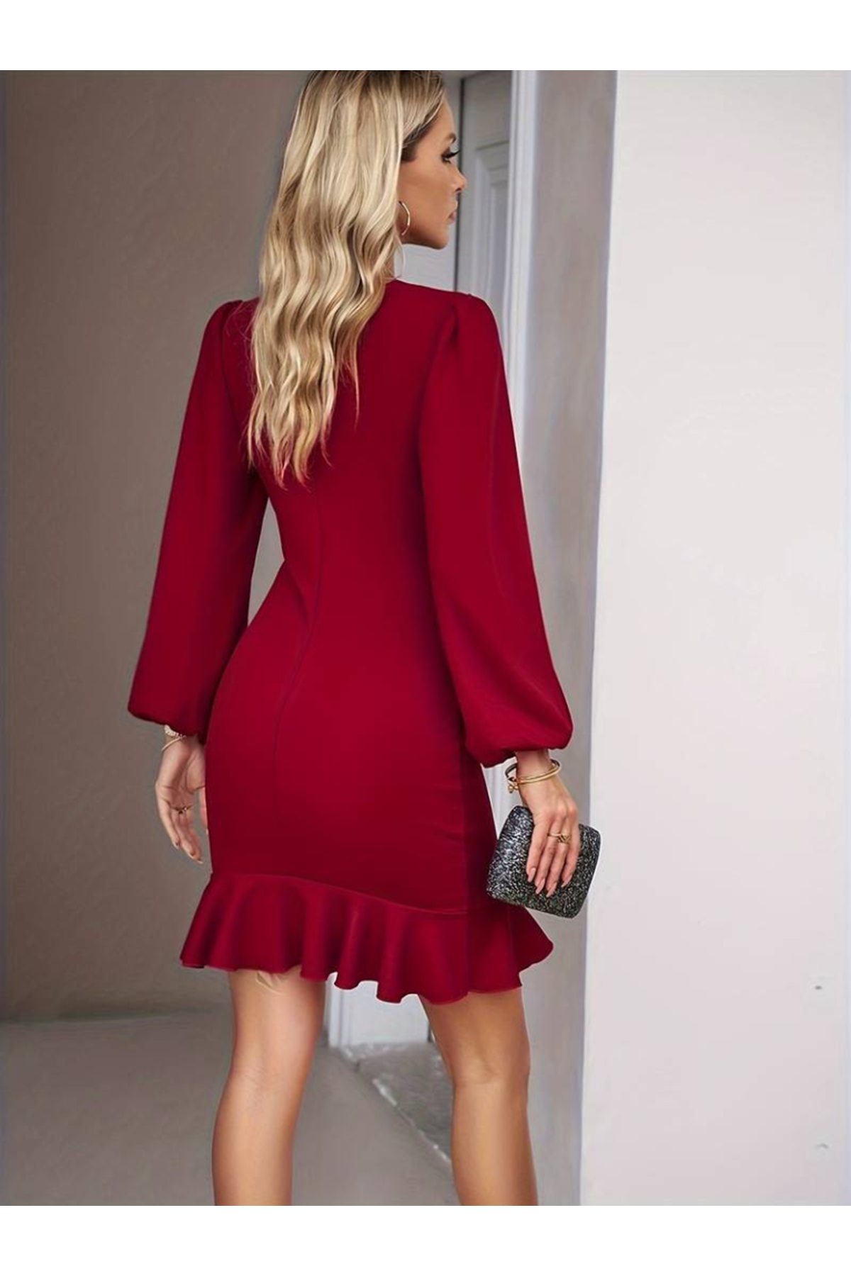Kadın Uzun Kollu Bisiklet Yaka önden Volanlı Ithal Krep Elbise