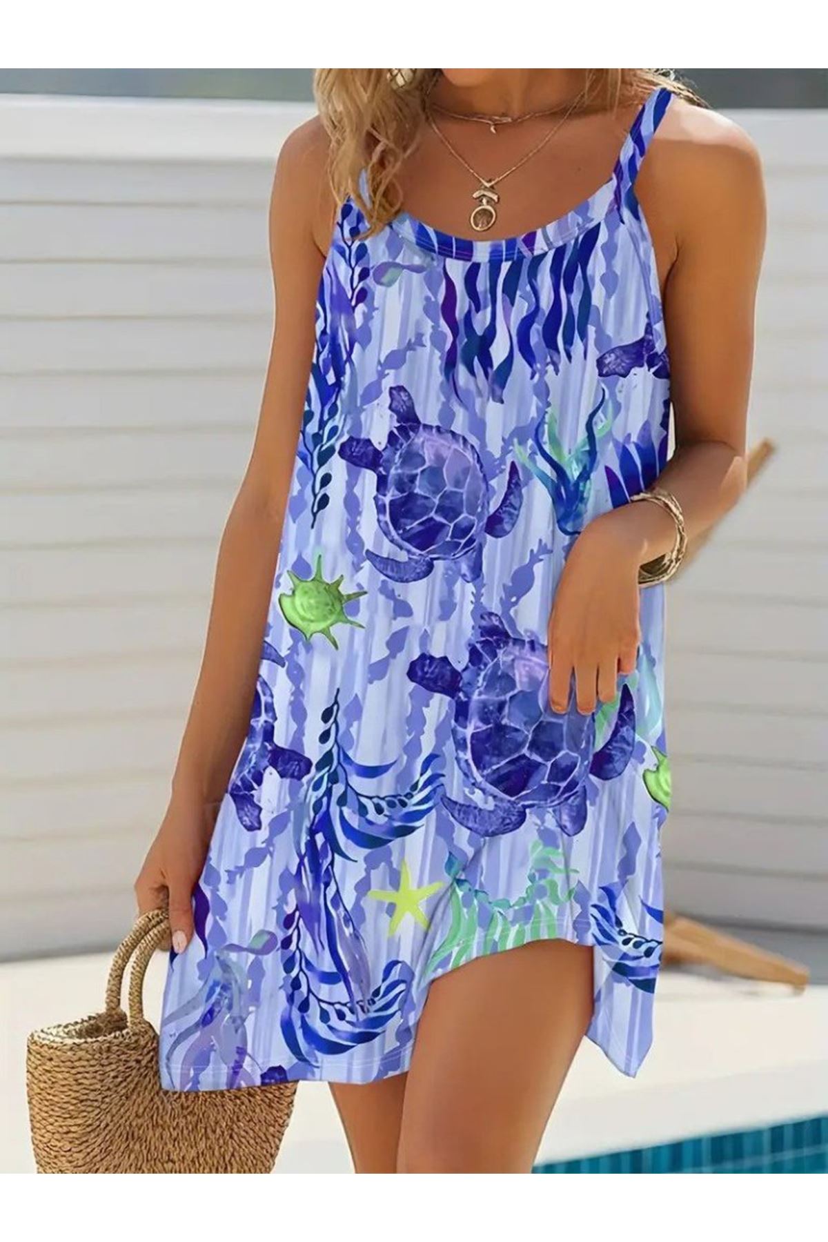 Kadın Askılı Yuvarlak Yaka Kaplumbağa Desenli Süprem Elbise