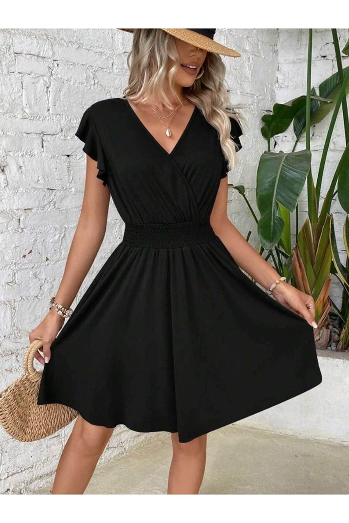 Kadın Kısa Kollu Kruvaze Yaka Beli Gipeli Bürümcük Elbise