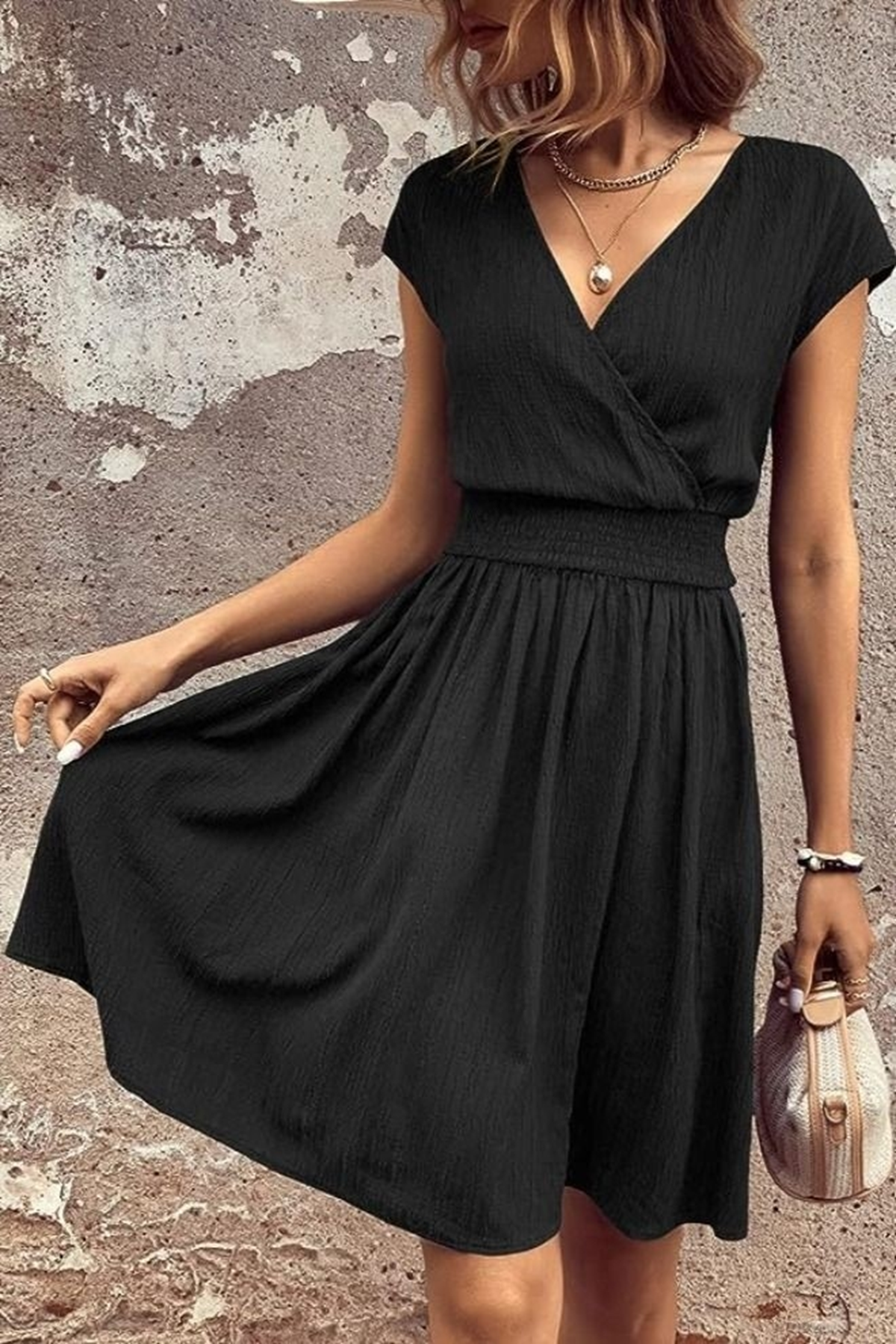 Kadın Kısa Kollu Kruvaze Yaka Beli Gipeli Bürümcük Elbise