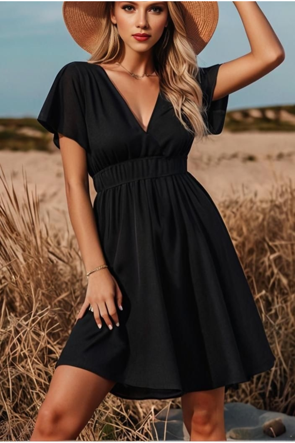 Kadın Kısa Kollu Kruvaze Yaka Beli Gipeli Bürümcük Elbise