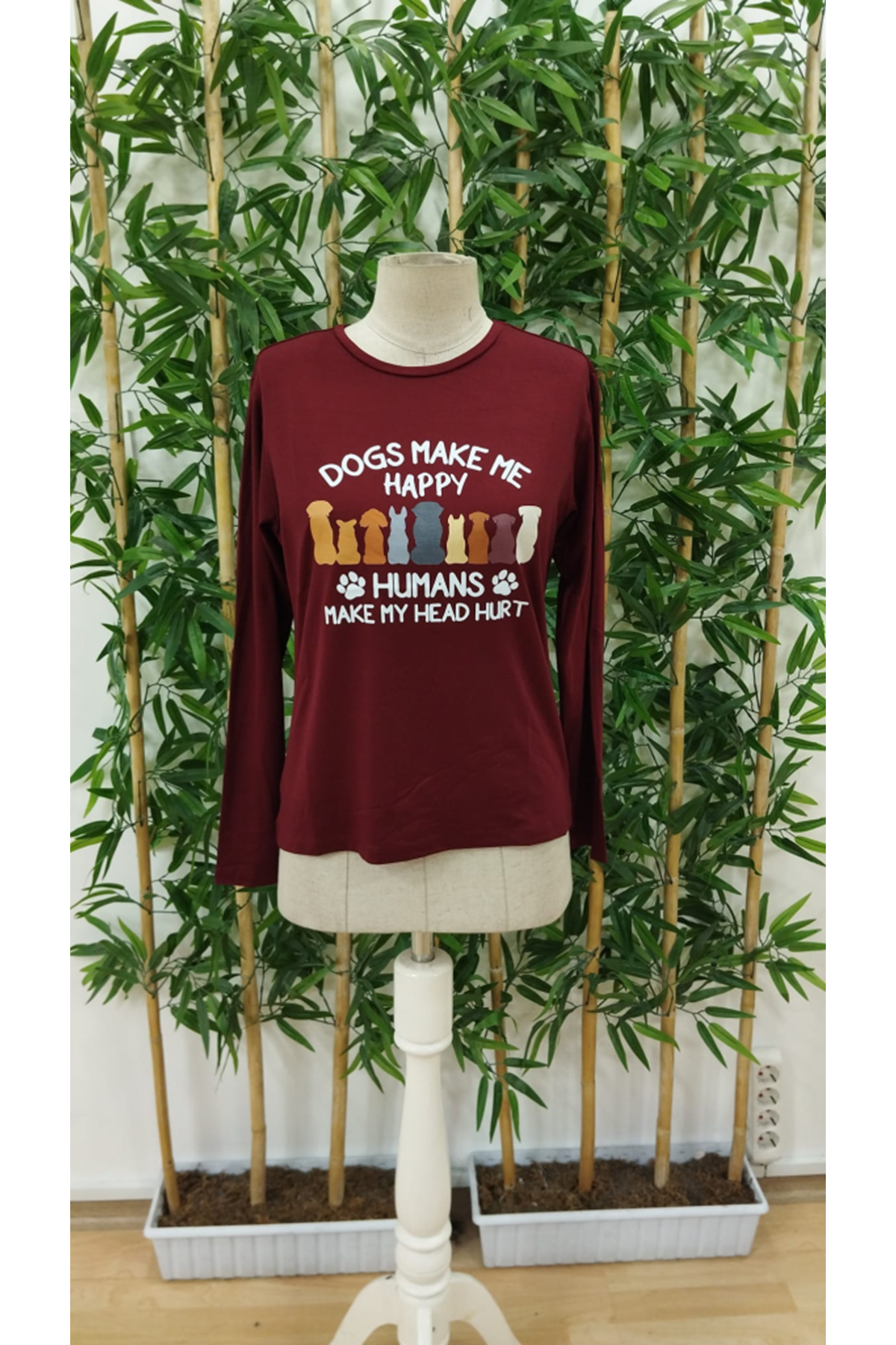 Kadın Uzun Kollu Bisiklet Yaka Köpek Resimli Viskon Bluz