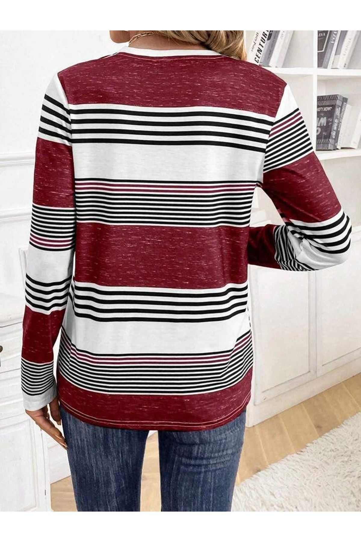 Kadın Uzun Kollu Bisiklet Yaka Düğme Detaylı Desenli Süprem Bluz