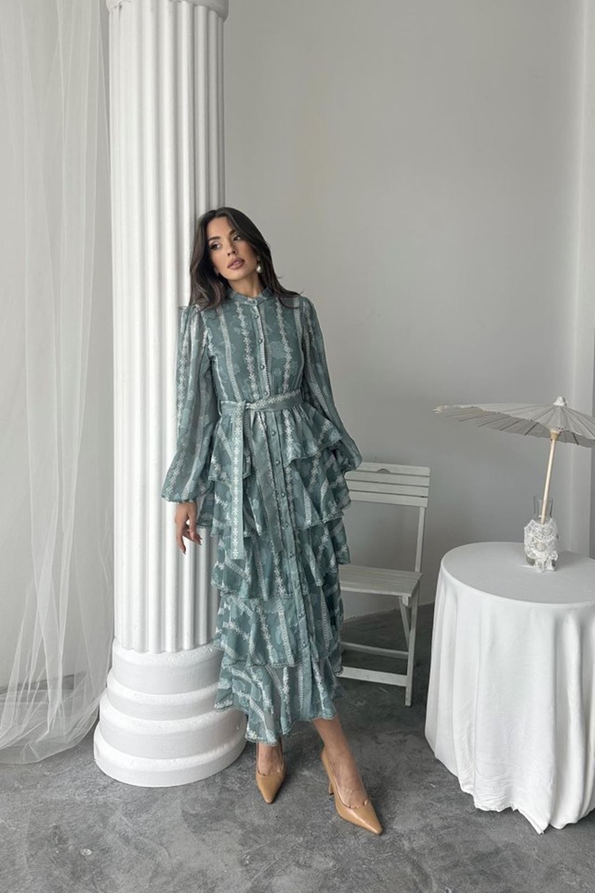 Mint Uzun Volanlı Elbise