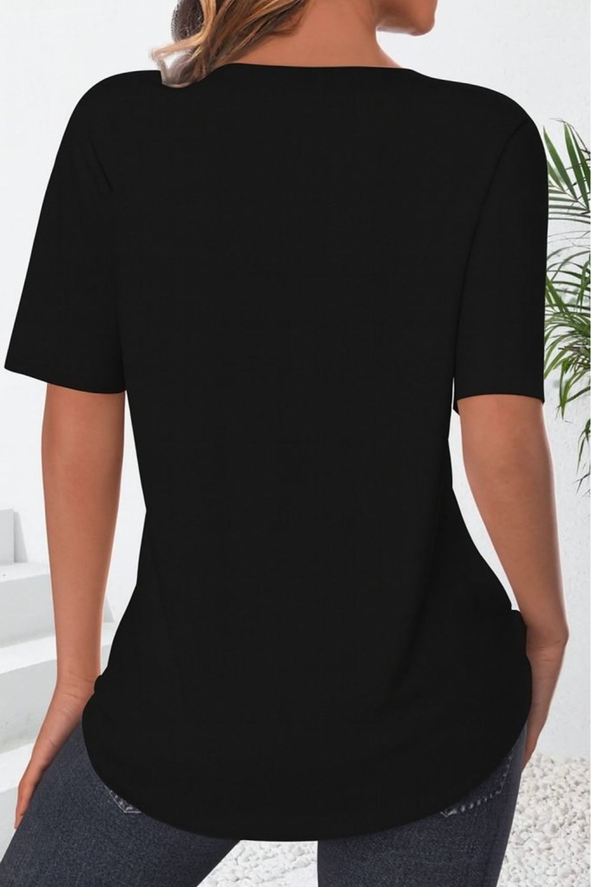 Kadın Kısa Kollu çentikli V Düğme Detaylı V Yaka önden Pileli Ithal Keten Bluz