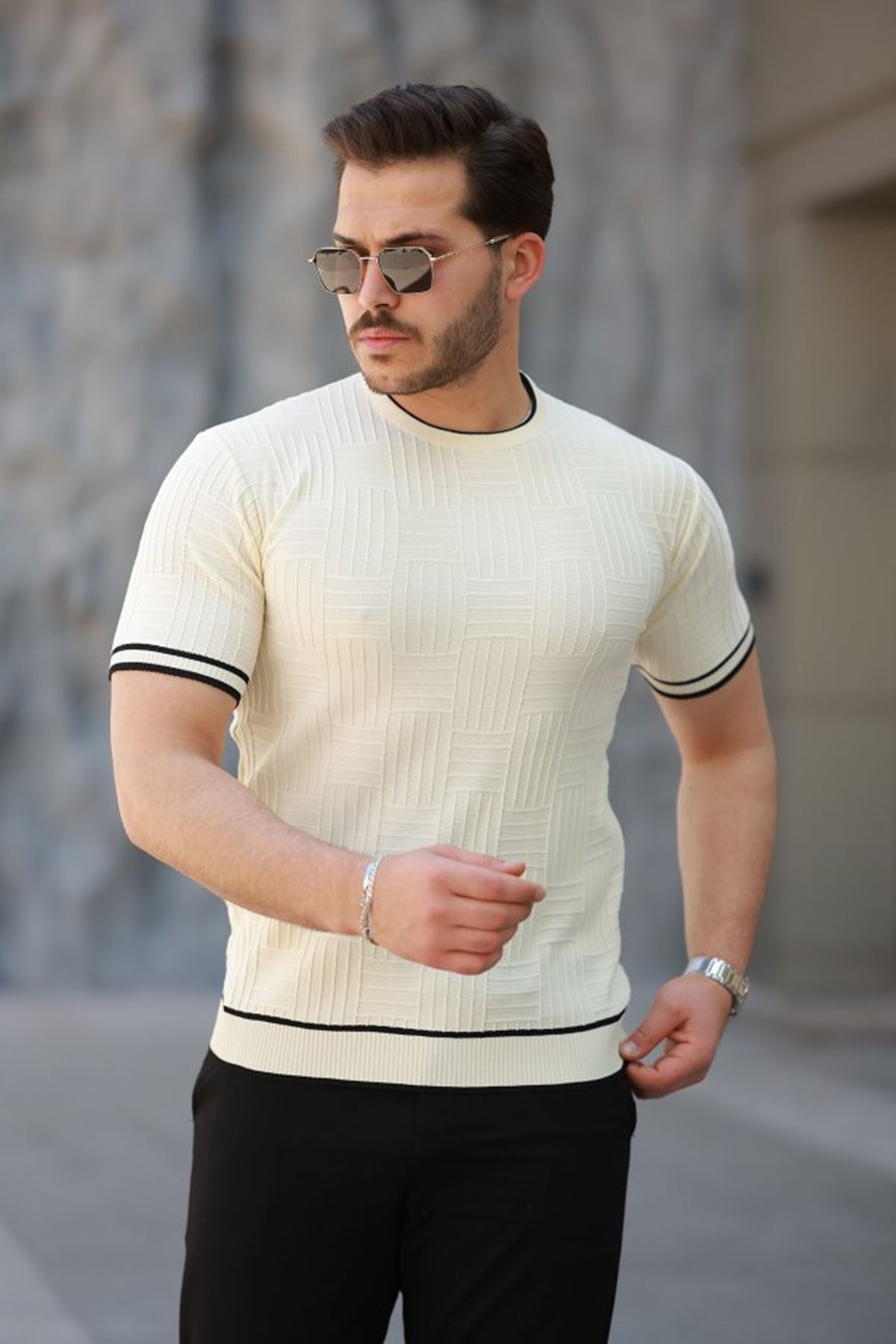 Erkek Jakarlı Ribanalı Kısa Kollu T-shirt