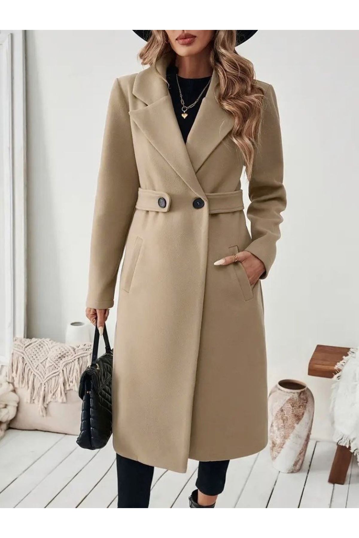 Kadın Uzun Kollu Yakalı Belde şerit Düğme Detaylı Cepli Mini Kaşe Kaban