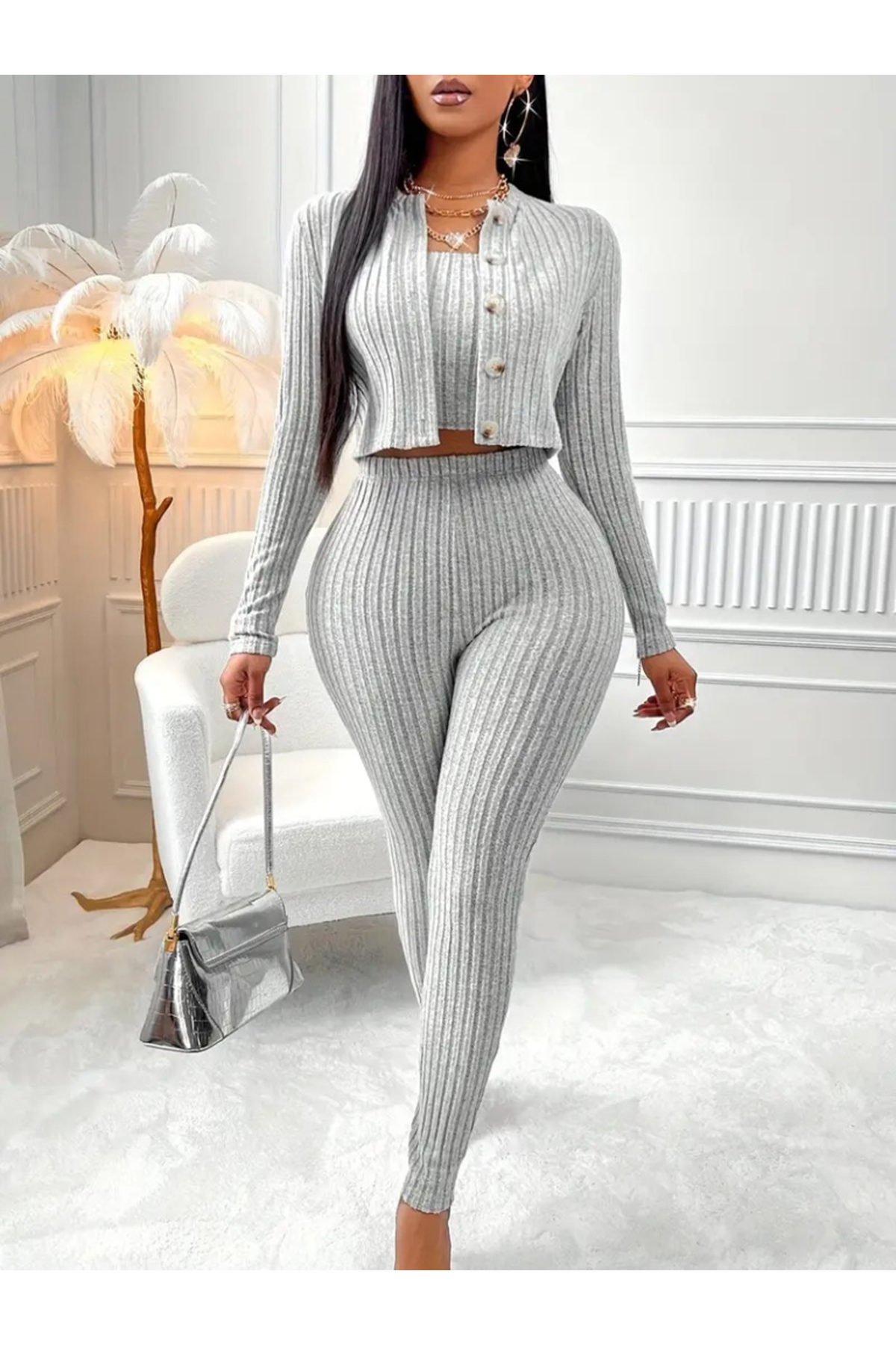 Kadın Uzun Kollu Straplez şardonlu Kaşkorse Bluz önü Düğmeli Ceket Ve Tayt Pantolonlu üçlü Takım