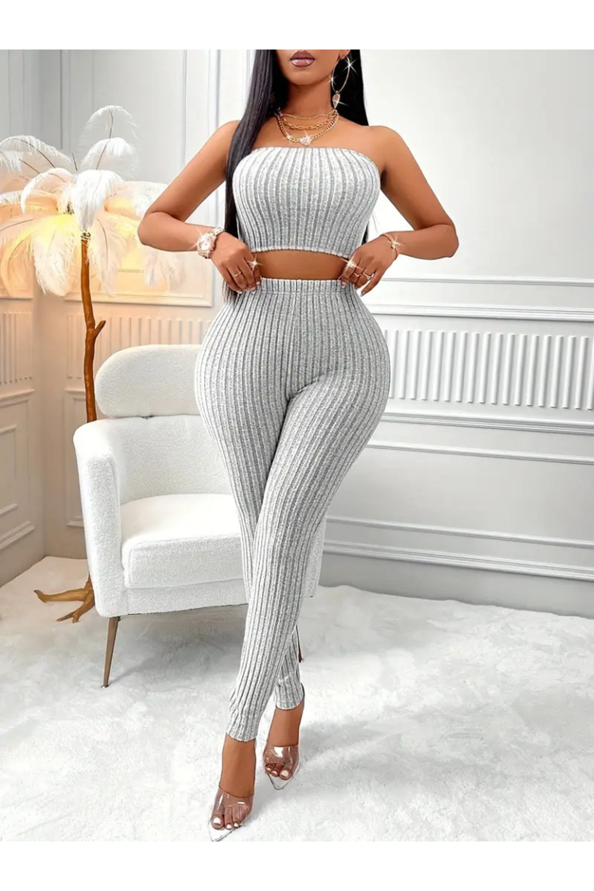 Kadın Uzun Kollu Straplez şardonlu Kaşkorse Bluz önü Düğmeli Ceket Ve Tayt Pantolonlu üçlü Takım