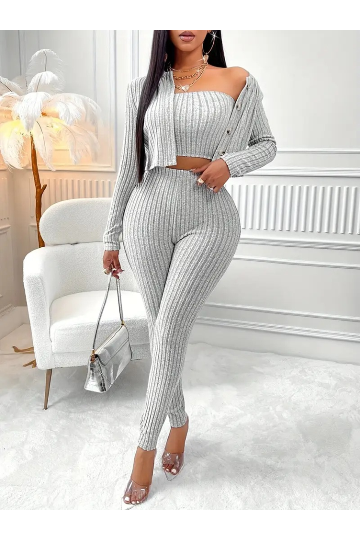 Kadın Uzun Kollu Straplez şardonlu Kaşkorse Bluz önü Düğmeli Ceket Ve Tayt Pantolonlu üçlü Takım