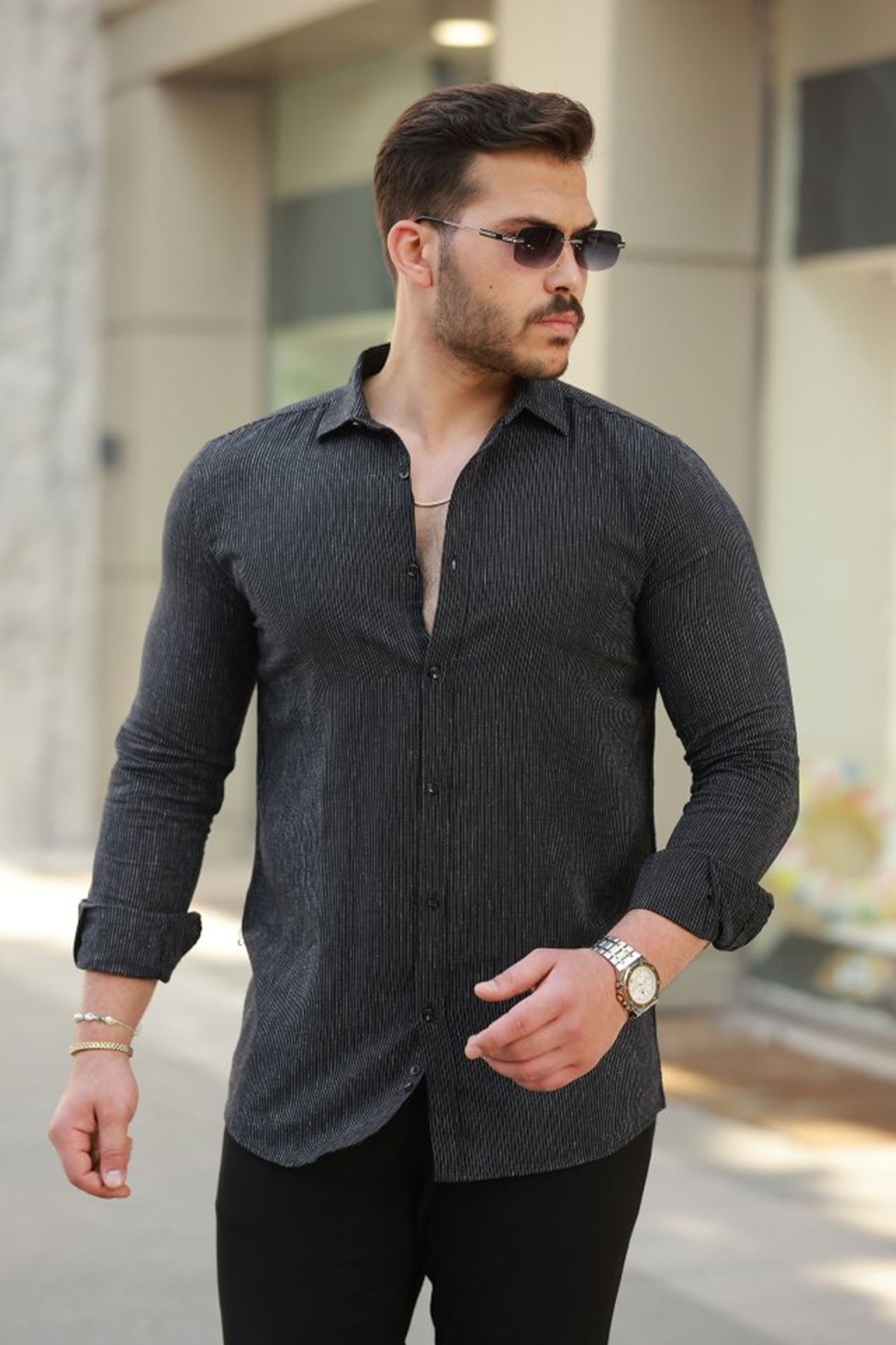 Erkek çizgi Desenli Uzun Kollu Pamuklu Keten Gömlek