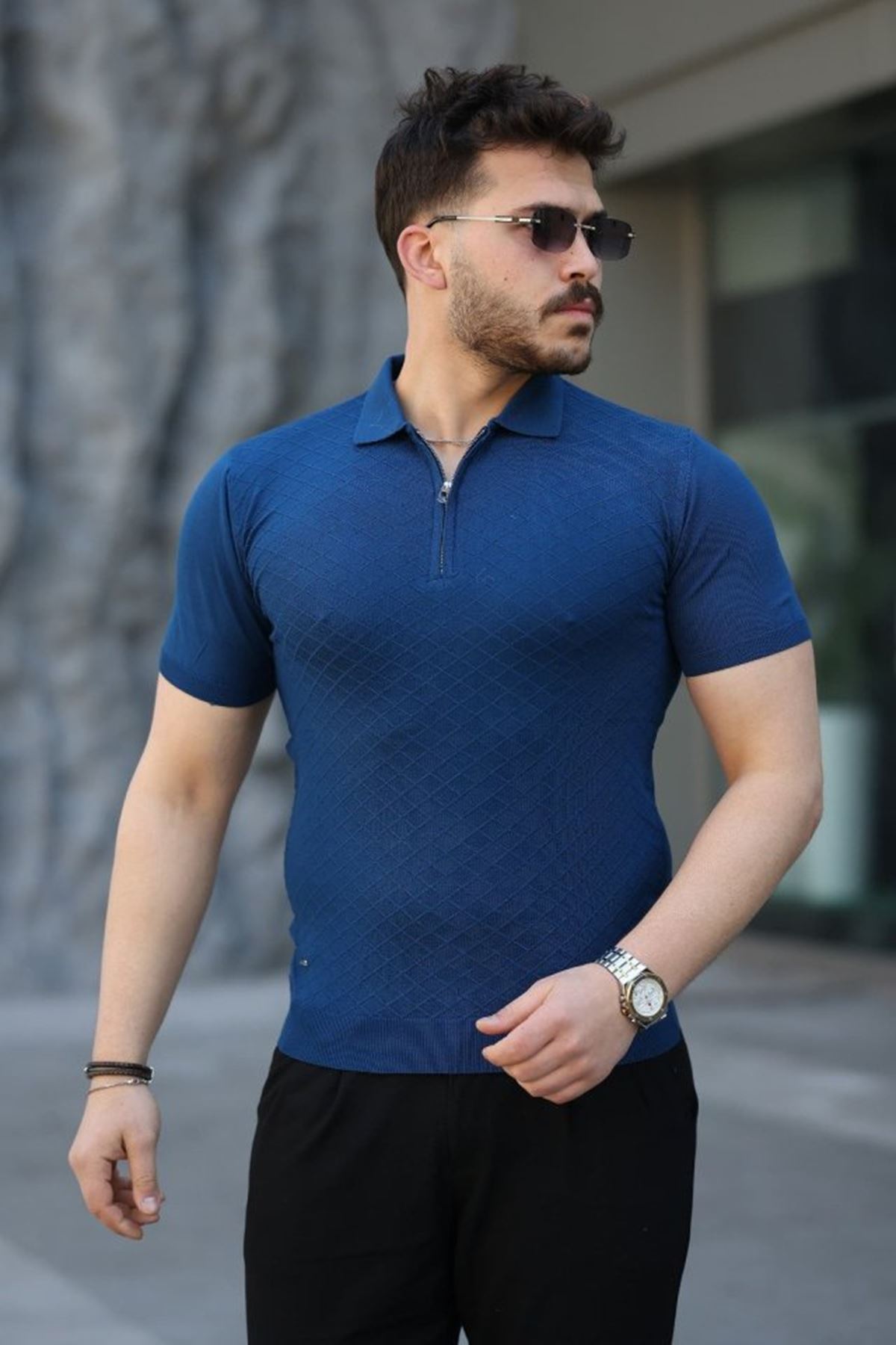 Erkek Viskon Kumaş Polo Yaka Desenli Tişört