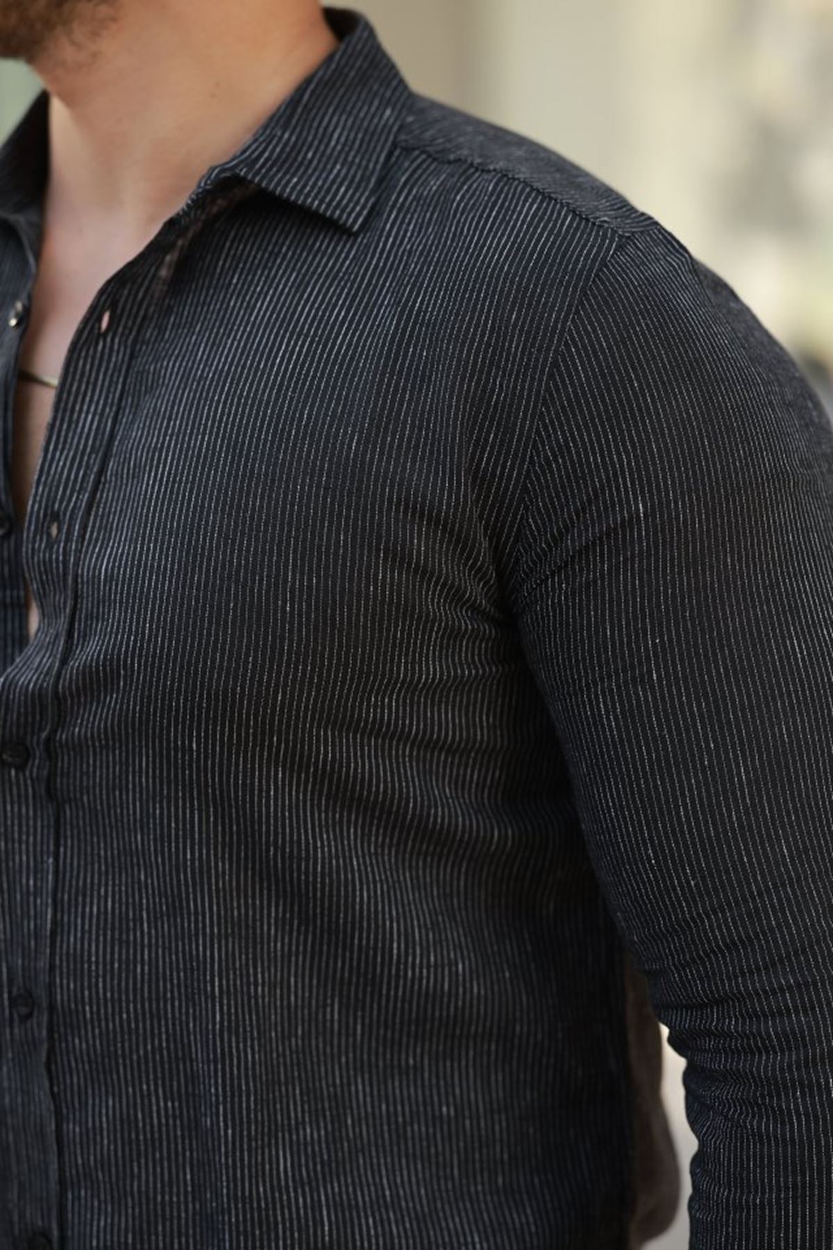 Erkek çizgi Desenli Uzun Kollu Pamuklu Keten Gömlek