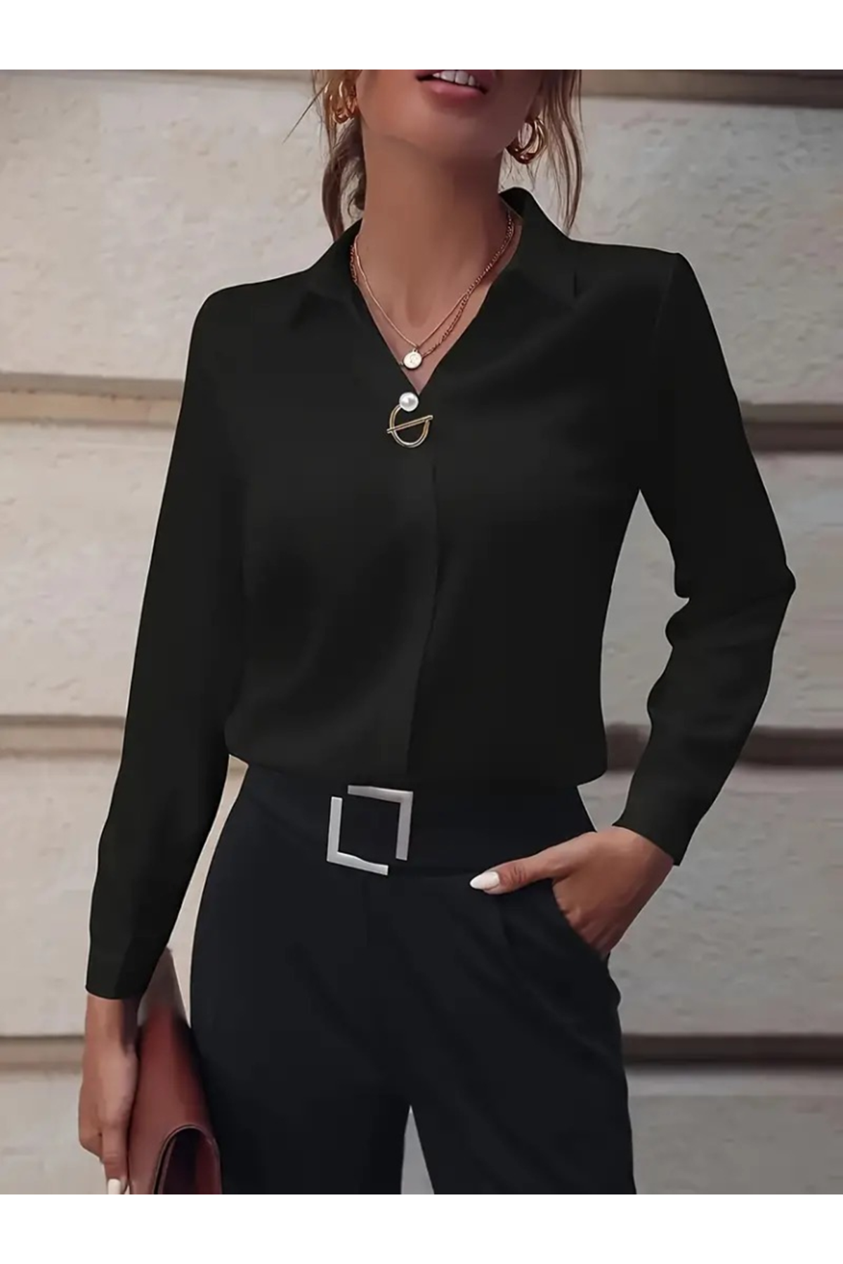 Kadın Uzun Kollu Yakalı Trikoton Gömlek