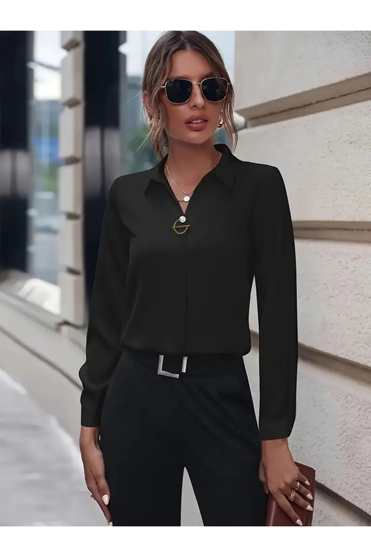 Kadın Uzun Kollu Yakalı Trikoton Gömlek