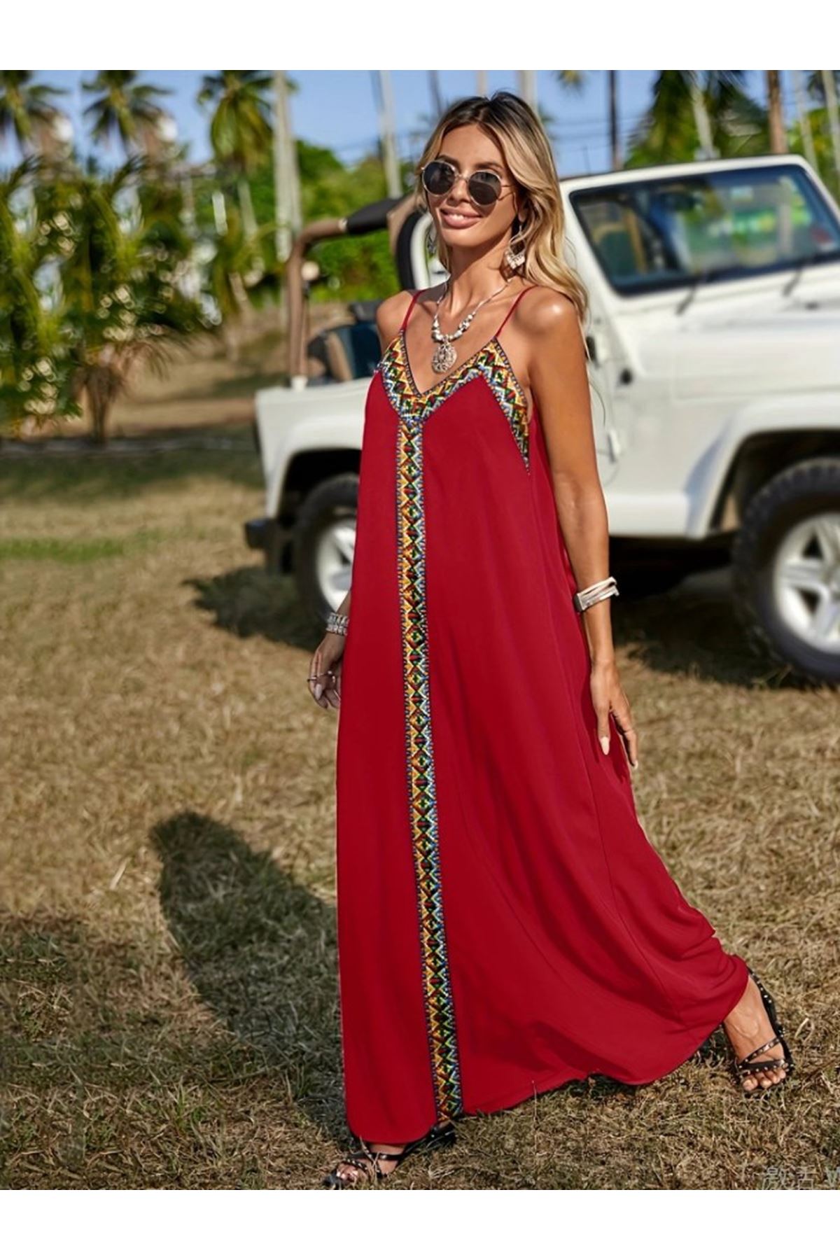 Kadın Askılı V Yakalı Etnik şerit Detaylı Uzun Viskon Elbise