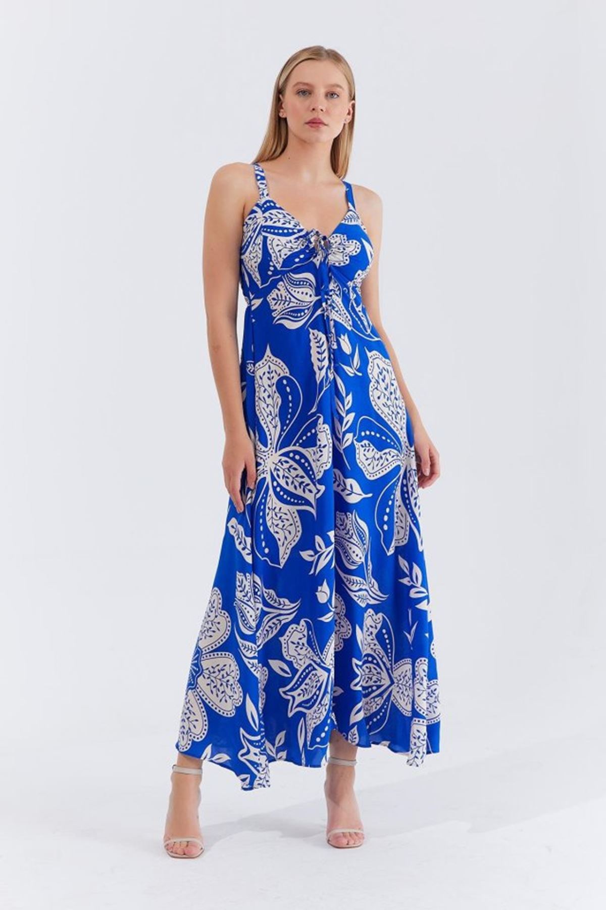 Askılı Viscon Elbise - Saks