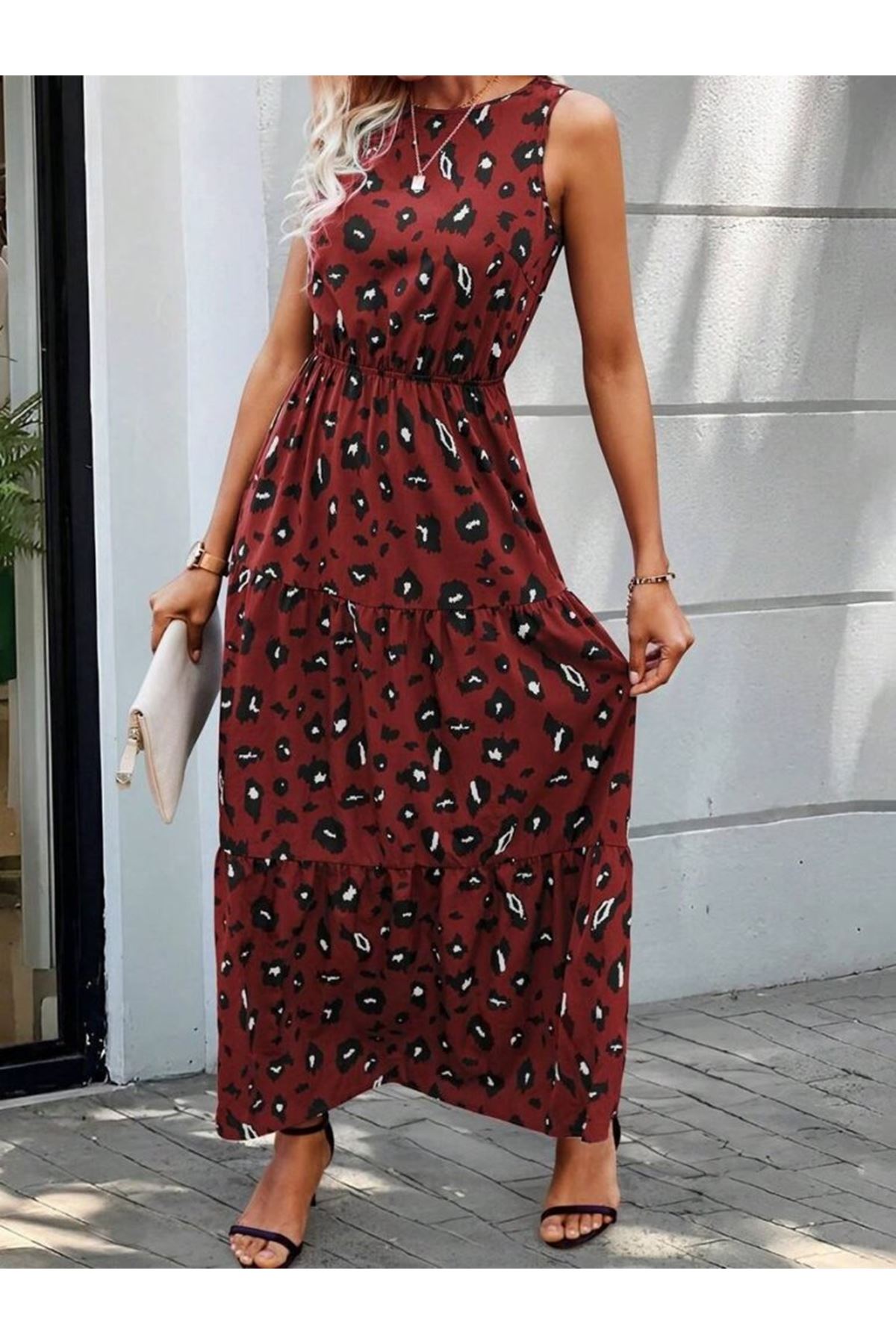 Kadın Kolsuz Bisiklet Yaka Beli Lastikli Desenli Süprem Elbise
