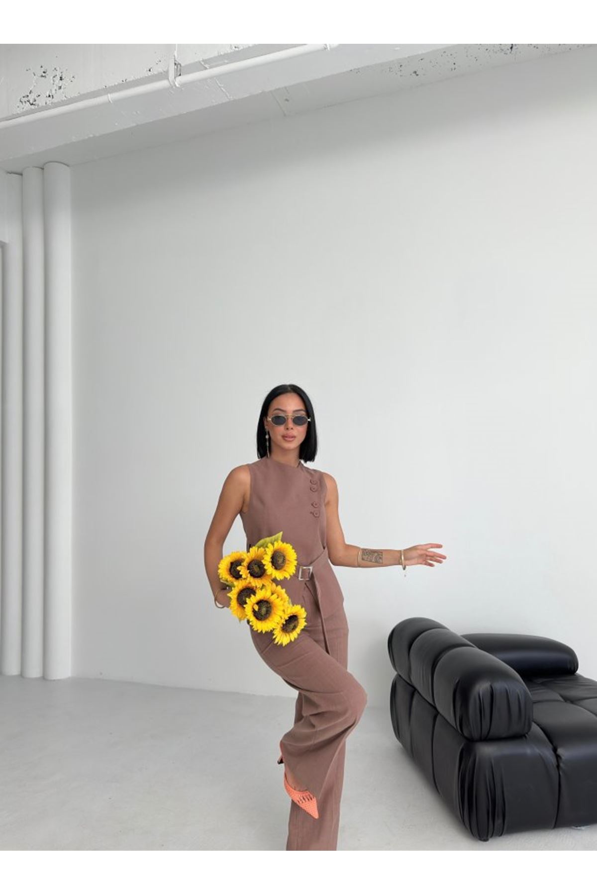 Ti̇na Asi̇metri̇k Keten Yelek Pantolon Takim