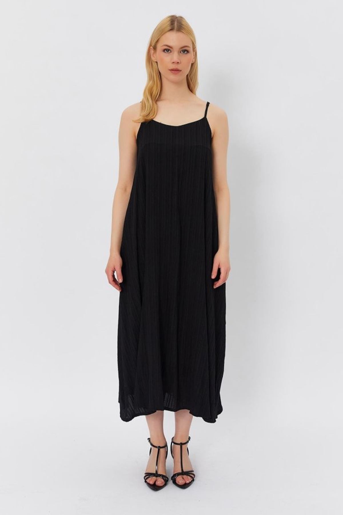 Askılı Uzun Çan Elbise - Siyah