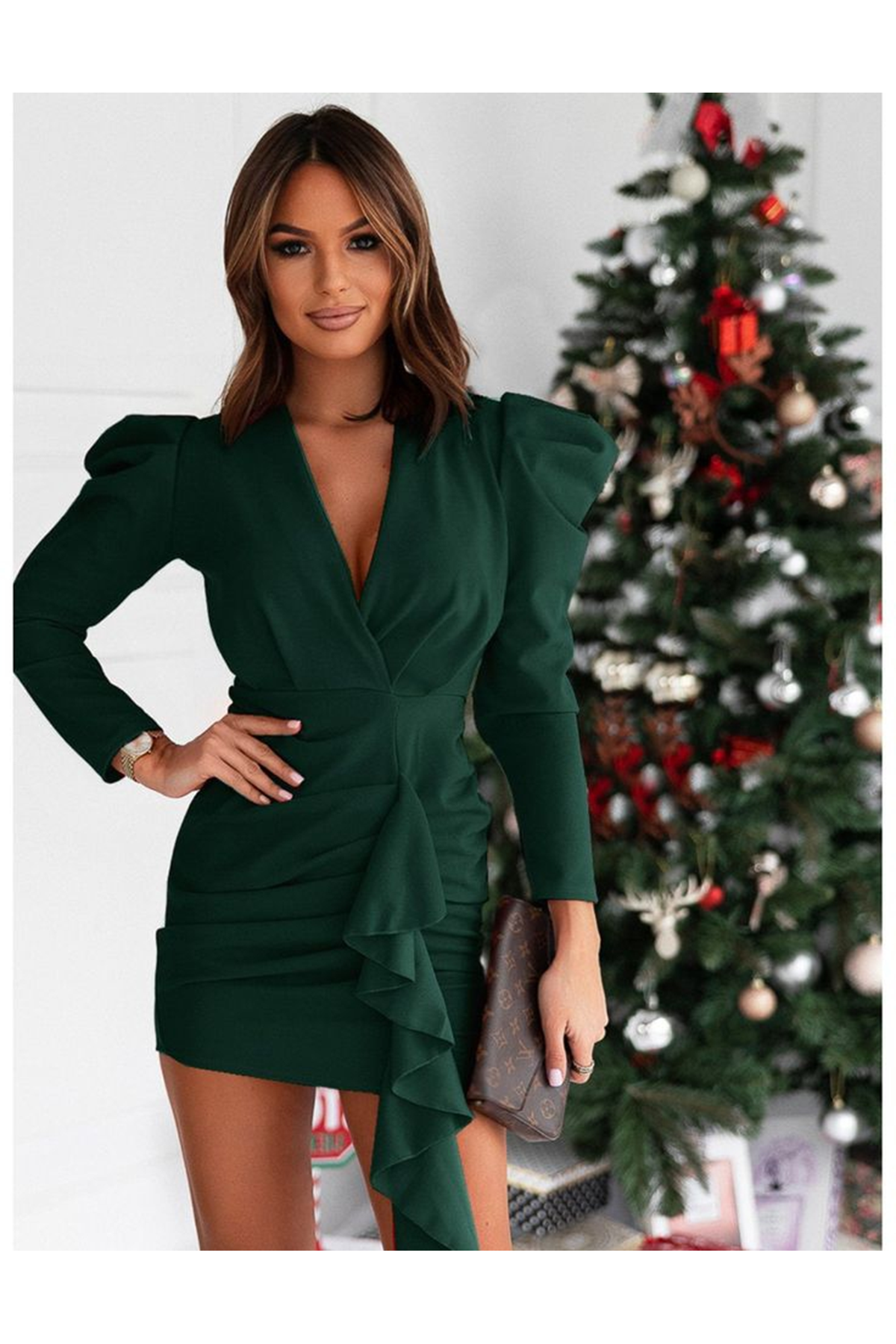 Kadın Uzun Kollu Kruvaze Yaka Karpuz Kol Eteği Fırfır Detay Krep Mini Elbise