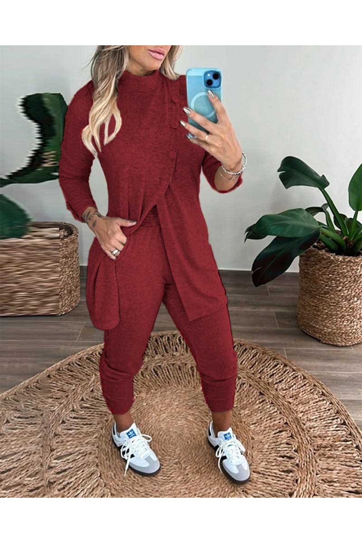 Kadın Uzun Kollu Balıkçı Yaka önden Düğmeli Bluz Ve Pantolon Yumoş Ikili Takım