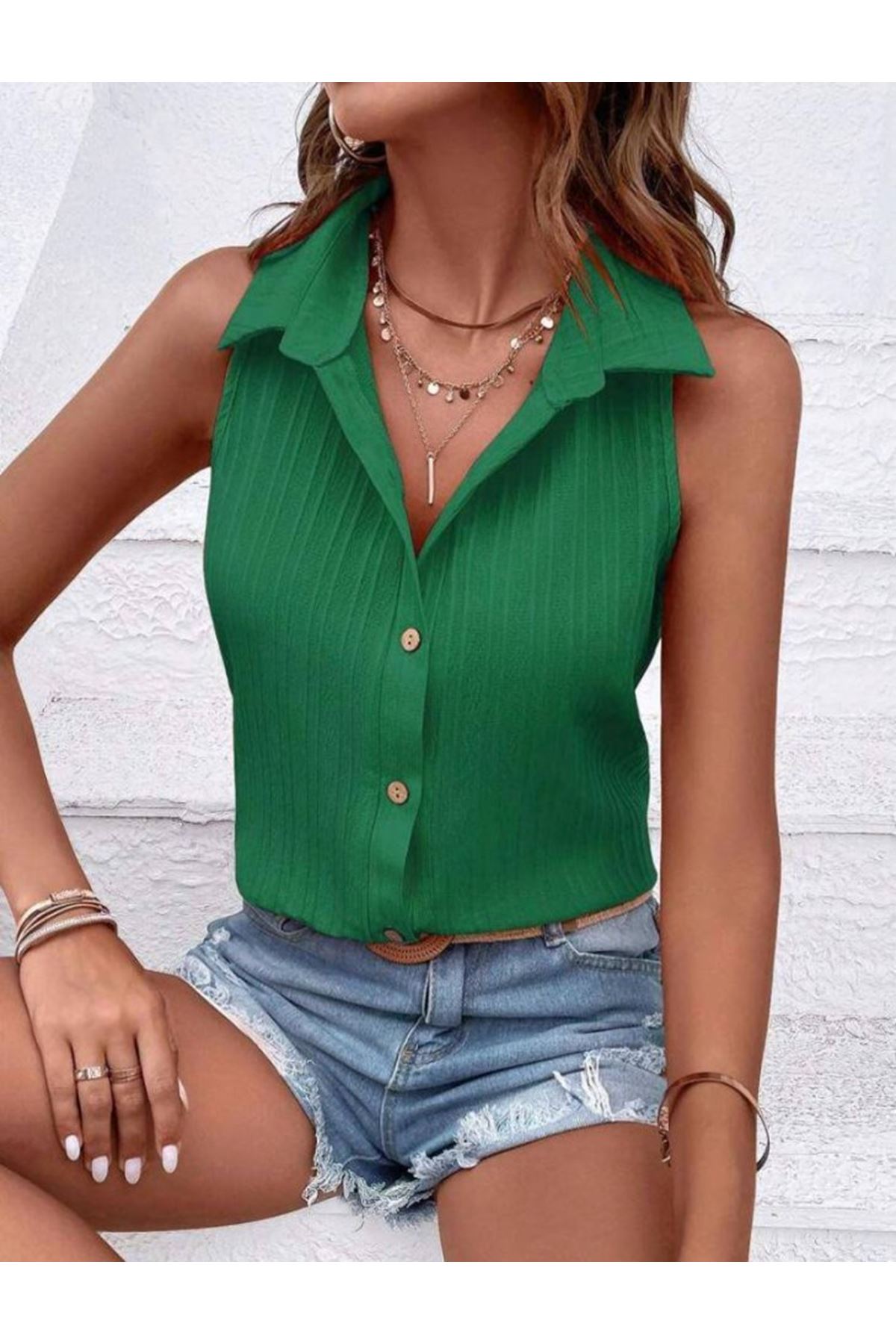 Kadın Sıfır Kol Pamela Kumaş Gömlek