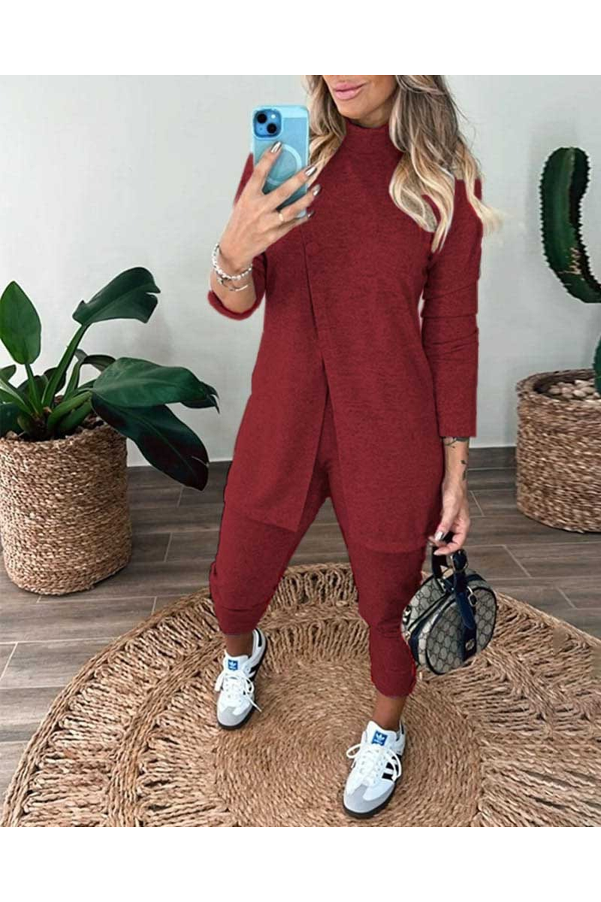 Kadın Uzun Kollu Balıkçı Yaka önden Düğmeli Bluz Ve Pantolon Yumoş Ikili Takım