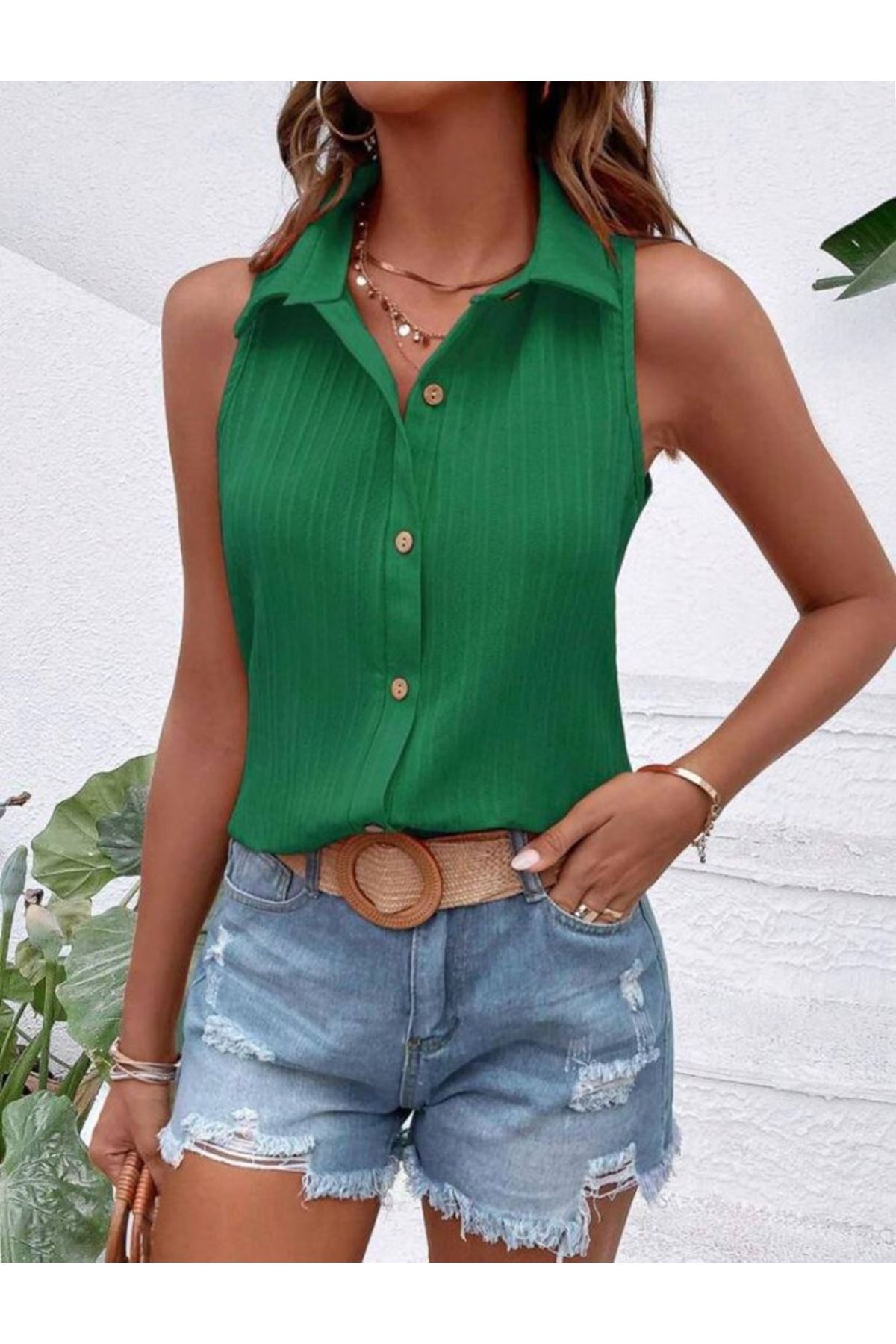 Kadın Sıfır Kol Pamela Kumaş Gömlek